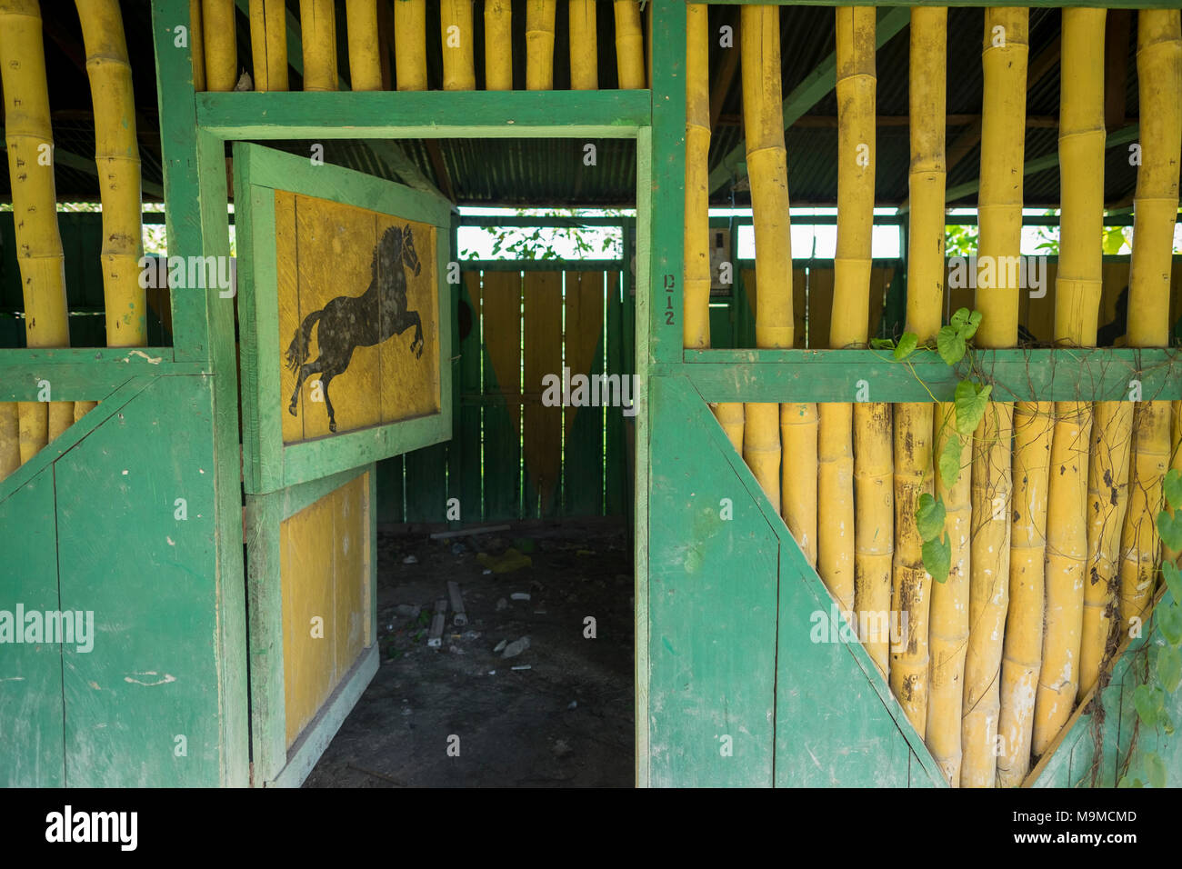 Bunte Tür zu einem alten Stall in disrepair im Norden Guatemalas Stockfoto