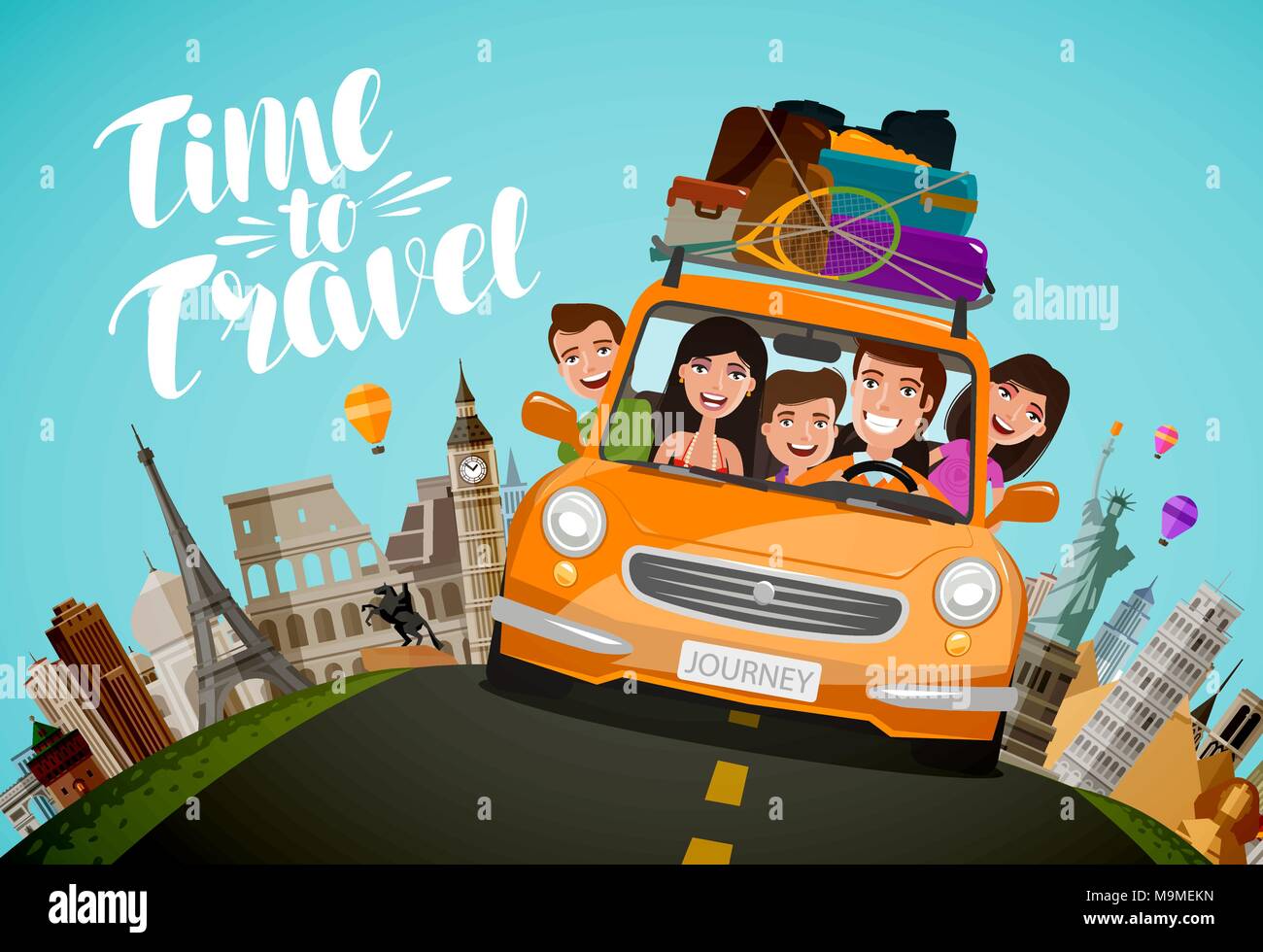Reise, Reise Konzept. Happy Family Fahrten mit dem Auto in den Urlaub. Cartoon Vector Illustration Stock Vektor