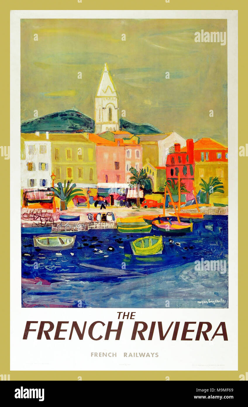 1950er Jahrgang St. Tropez Travel Poster FRENCH RIVIERA Saint Tropez Vintage Poster. Künstler Roger Bezombes, ca. 1950er Jahre, für eine Werbe Poster für französischen Eisenbahnen (SNCF). Bunte Hafen von Saint Tropez Cote d'Azur Cote d'Azur Südfrankreich Stockfoto