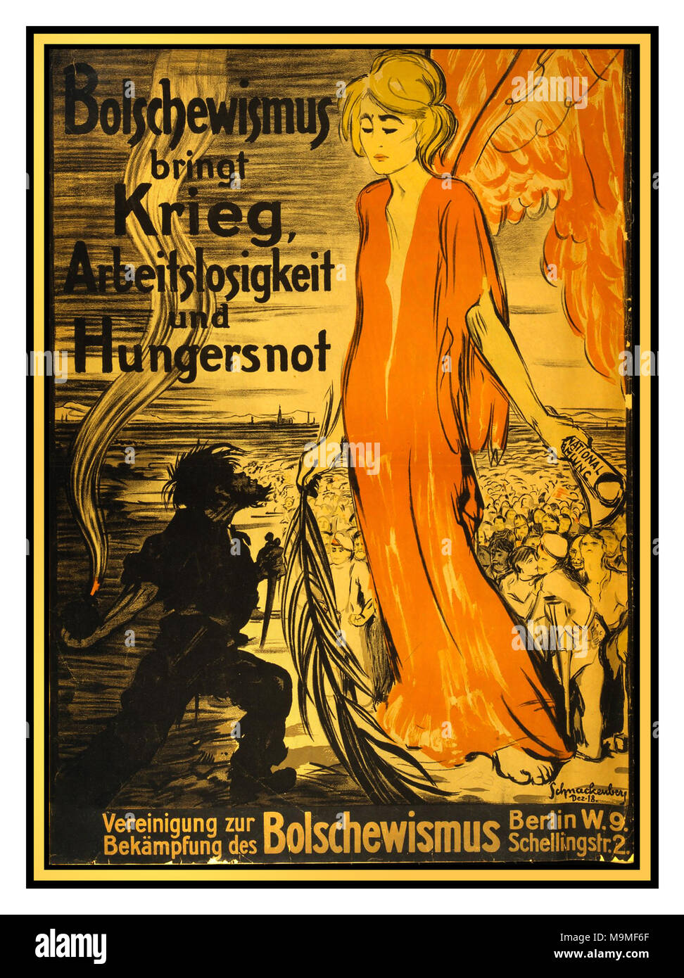 Die Vintage WW1 1920 Deutschland Propaganda anti-russisch-sowjetischen Plakat "Bolschewismus bringt Krieg, Arbeitslosigkeit und Hunger"... Gründe für den Kampf gegen den Bolschewismus Stockfoto