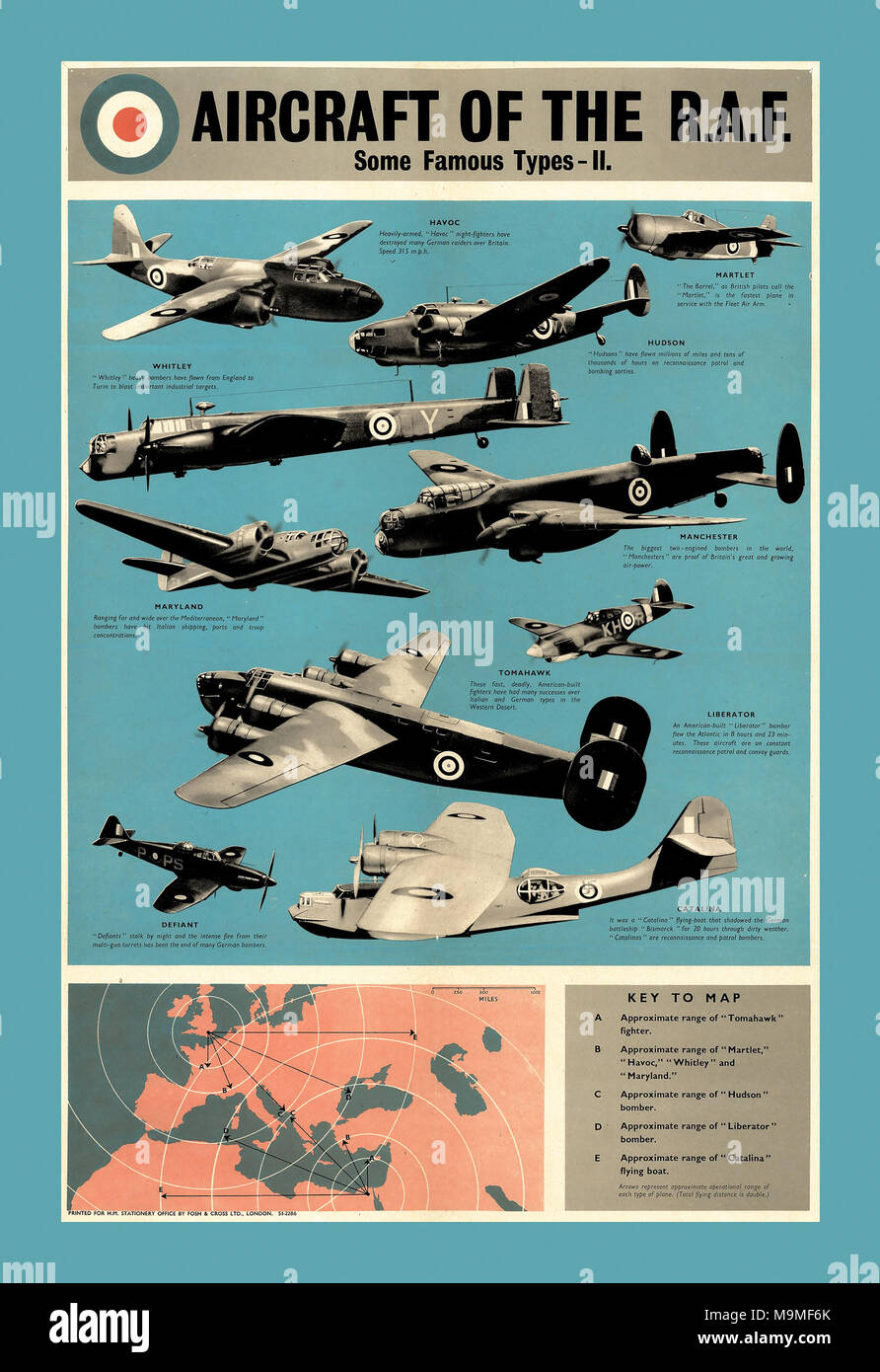 Britische Propaganda Poster Unterstützung der Royal Airforce 1942 Flugzeugtypen Der r.a.f. Während des Zweiten Weltkriegs und die Schlacht von Großbritannien Stockfoto