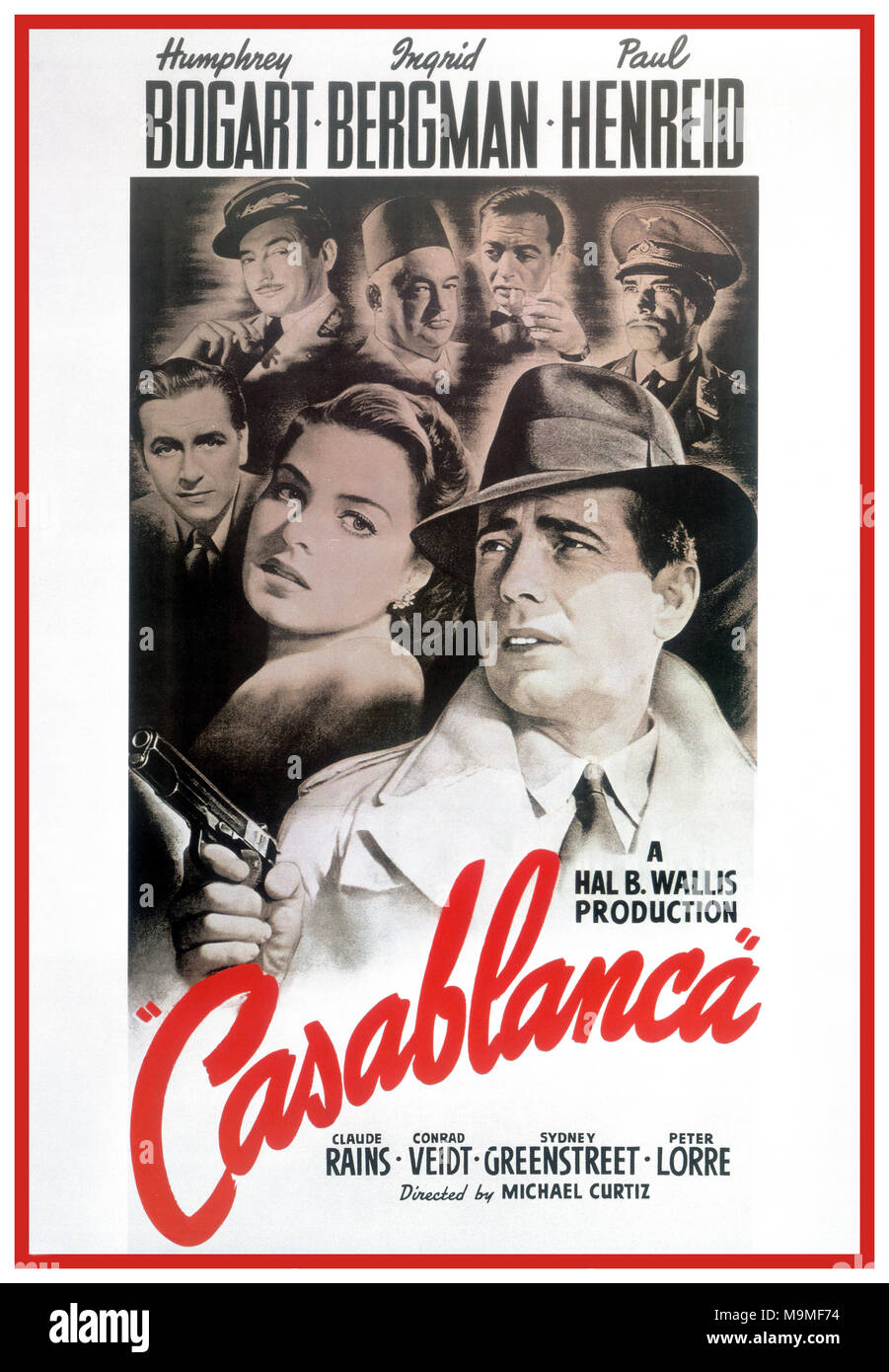 Casablanca 40's Vintage Film Poster Casablanca ein amerikanischer romantischer Dramafilm aus dem Jahr 1942 unter der Regie von Michael Curtiz. Die Filmstars Humphrey Bogart, Ingrid Bergman und Paul Henreid; es gibt auch Claude Rains, Conrad Veidt, Sydney Greenstreet, Peter Lorre und Dooley Wilson. Während des zweiten Weltkriegs konzentriert es sich auf einen amerikanischen Expatriaten, der sich zwischen seiner Liebe zu einer Frau entscheiden muss und ihr und ihrem Mann, einem tschechischen Widerstandsführer, bei der Flucht aus der von Vichy kontrollierten Stadt Casablanca hilft, um seinen Kampf gegen die Nazi-Truppen fortzusetzen Stockfoto