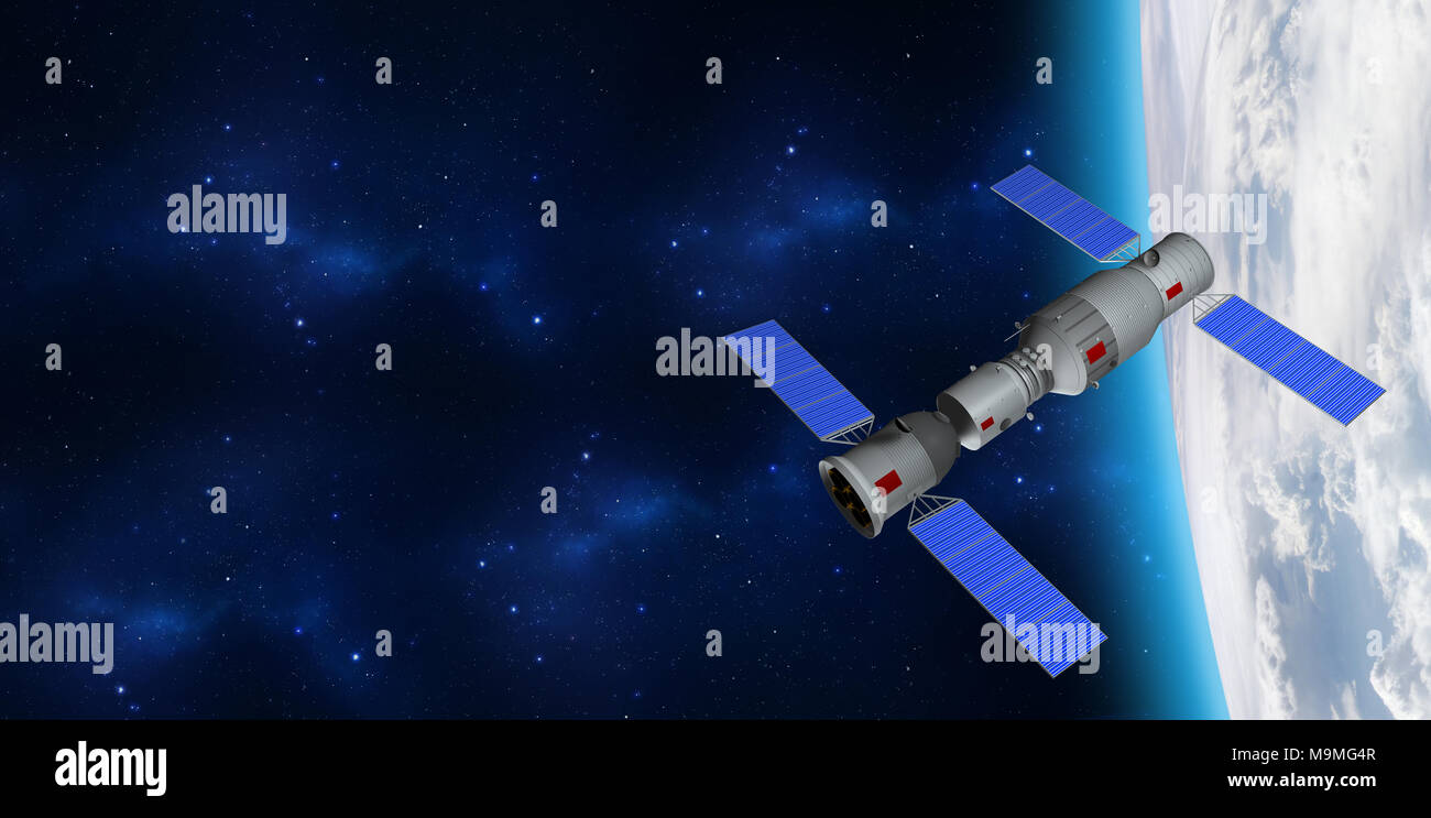 3D-Modell von Chinas Tiangong-1 Raumstation die Erde umkreisen. 3D-Rendering Stockfoto