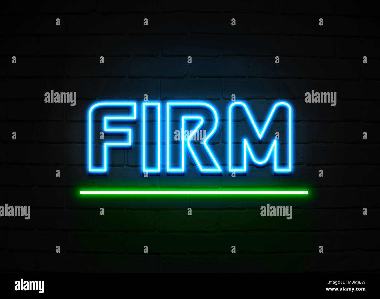 Firma Leuchtreklame - glühende Leuchtreklame auf brickwall Wand - 3D-Royalty Free Stock Illustration dargestellt. Stockfoto