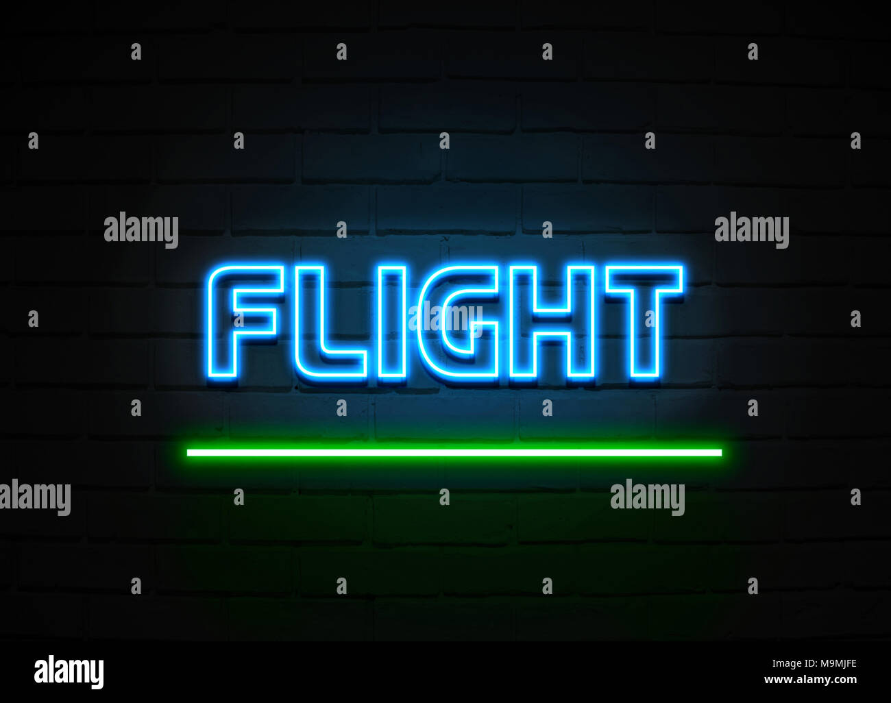 Flug Leuchtreklame - glühende Leuchtreklame auf brickwall Wand - 3D-Royalty Free Stock Illustration dargestellt. Stockfoto