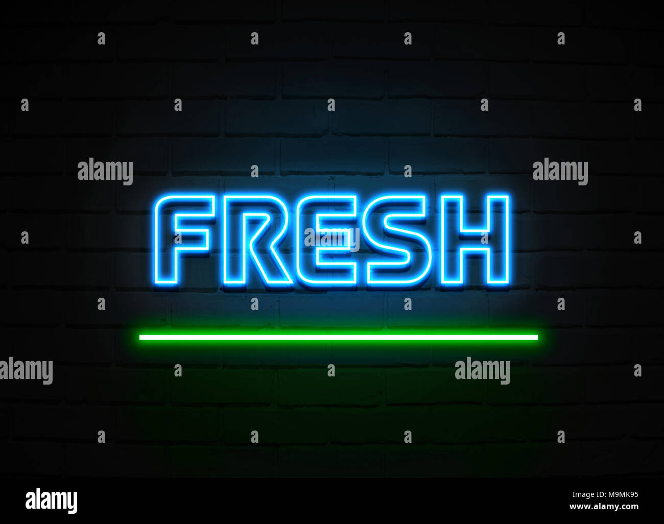 Frische Leuchtreklame - glühende Leuchtreklame auf brickwall Wand - 3D-Royalty Free Stock Illustration dargestellt. Stockfoto
