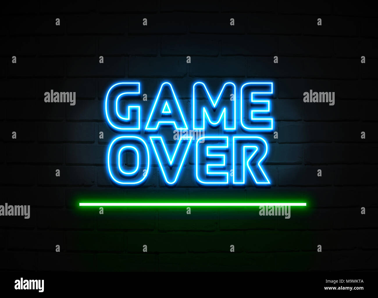 Game Over Leuchtreklame - glühende Leuchtreklame auf brickwall Wand - 3D-Royalty Free Stock Illustration dargestellt. Stockfoto