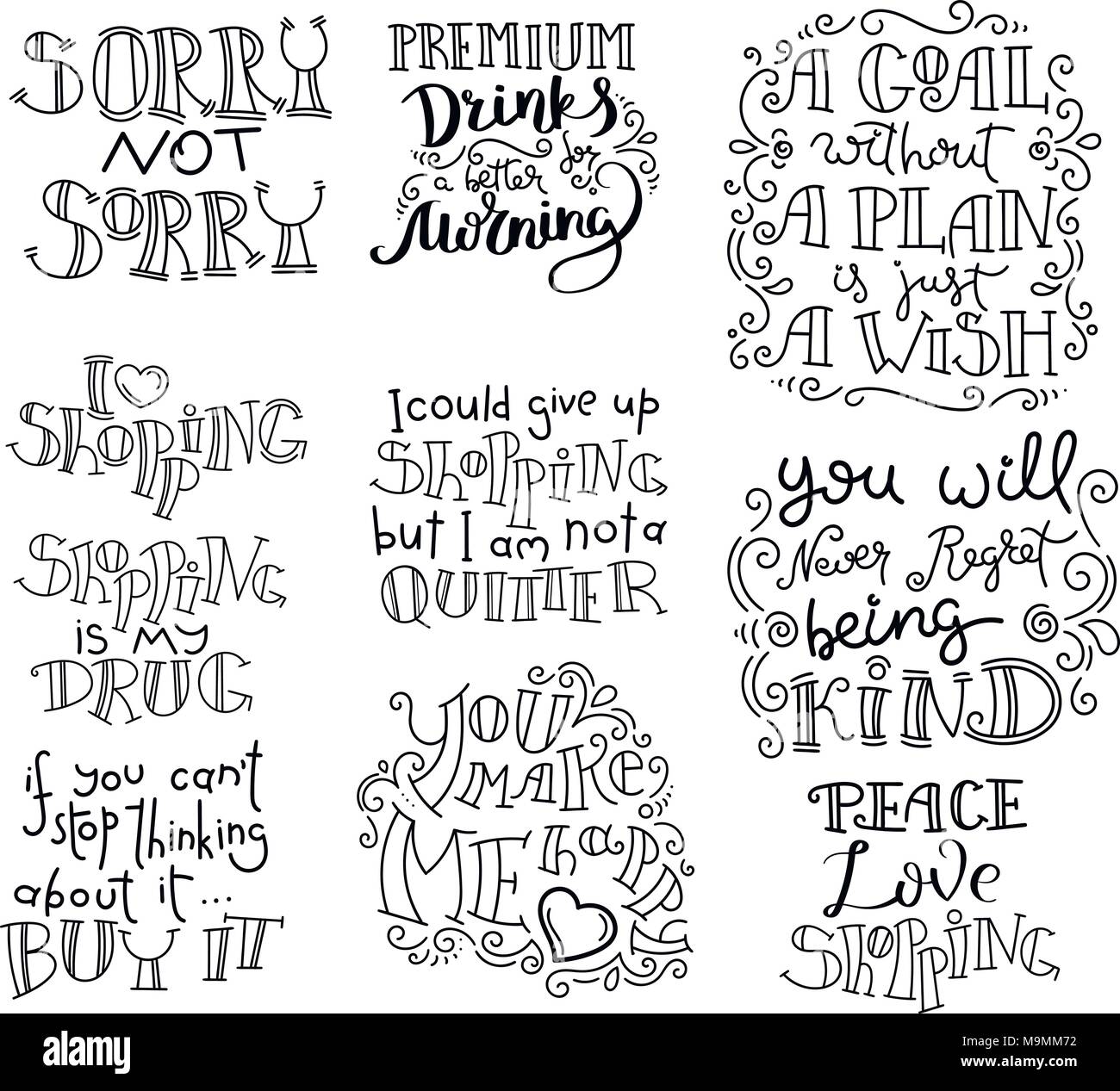 Sammlung von Hand geschrieben Kalligraphie Zitate Motivation für das Leben, die Liebe und das Glück. Für Postkarte, Poster, Drucke, Karten, Grafik Design. Stock Vektor