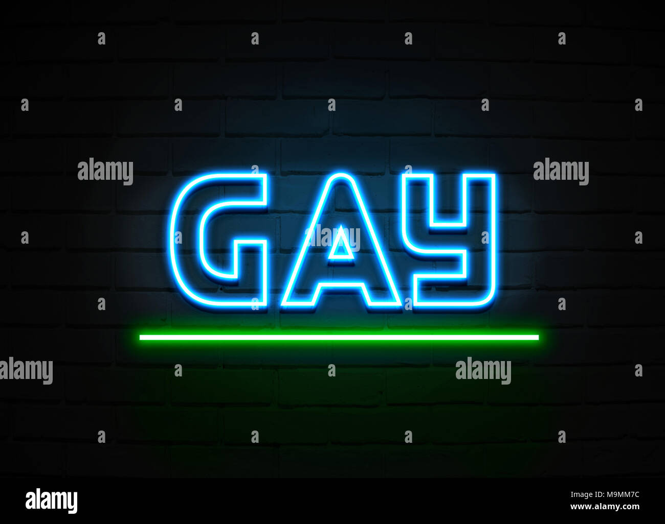 Gay Leuchtreklame - glühende Leuchtreklame auf brickwall Wand - 3D-Royalty Free Stock Illustration dargestellt. Stockfoto