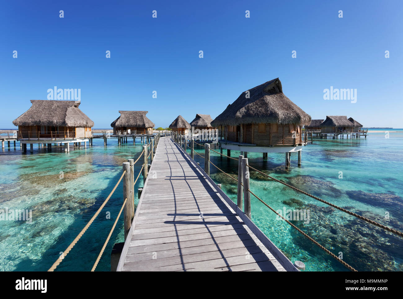 Bungalows, Wasser Bungalows an der Pier in der Lagune, Tikehau Pearl Beach Resort, Tikehau Atoll, Tuamotu Archipel Stockfoto