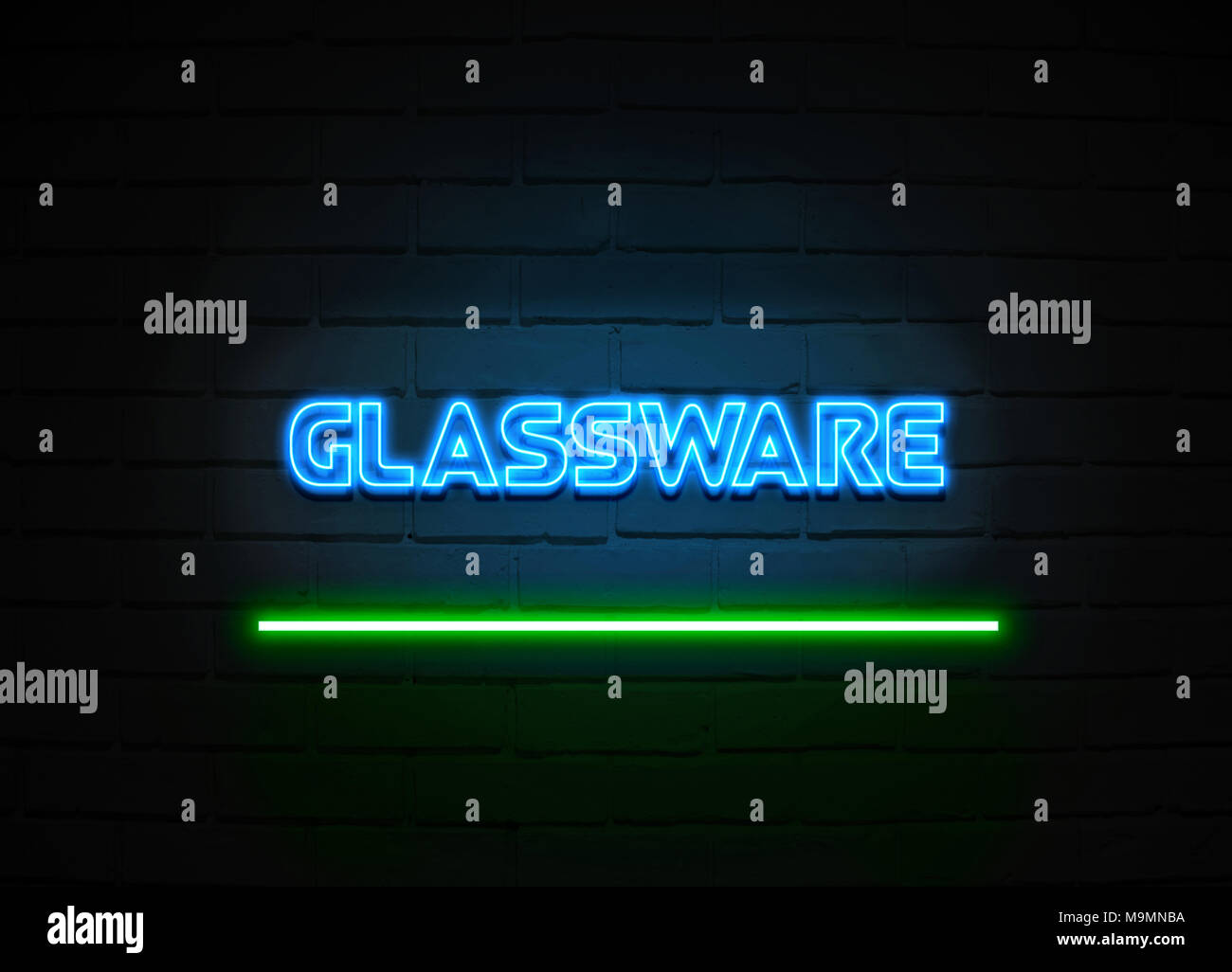 Glaswaren Leuchtreklame - glühende Leuchtreklame auf brickwall Wand - 3D-Royalty Free Stock Illustration dargestellt. Stockfoto