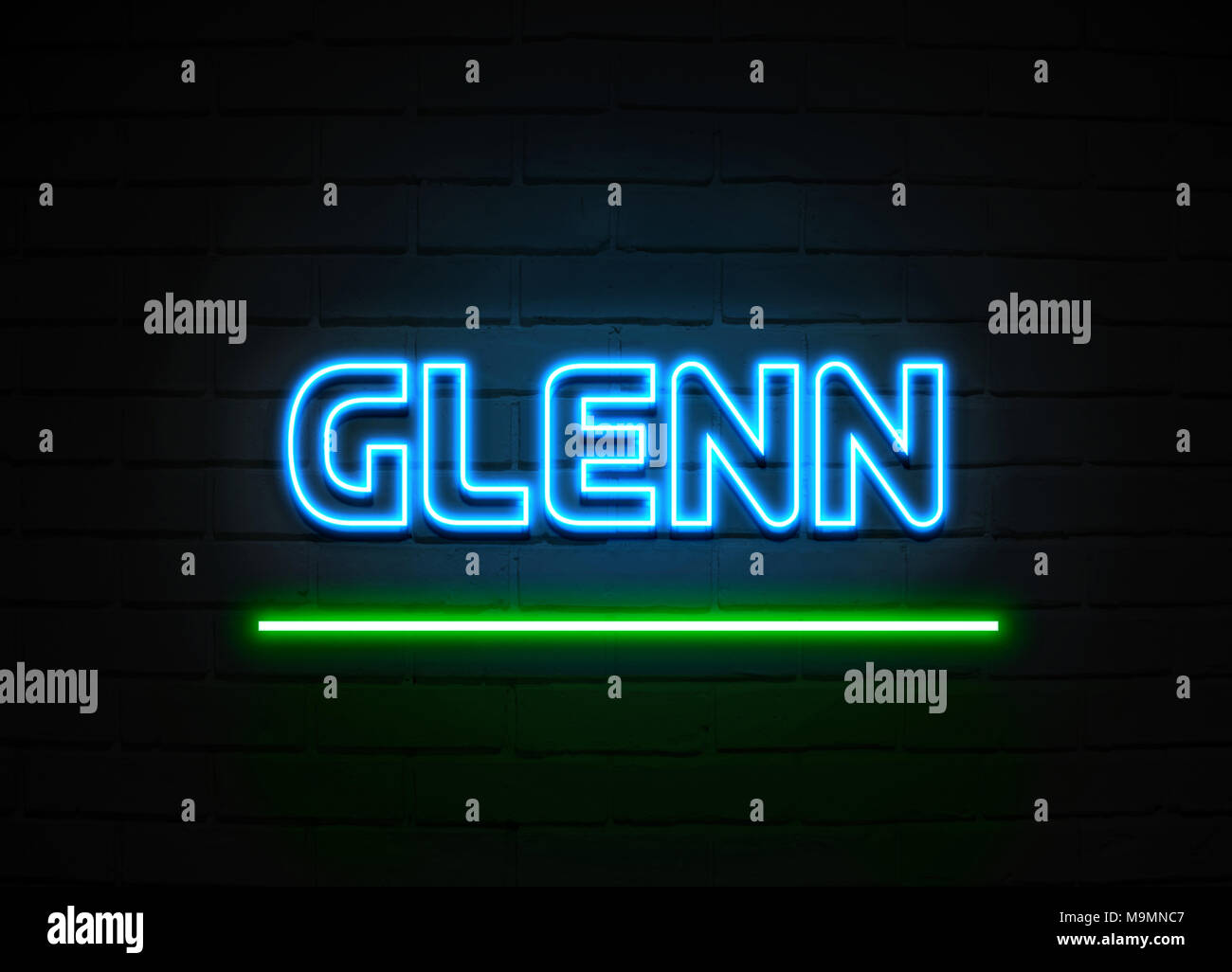 Glenn Leuchtreklame - glühende Leuchtreklame auf brickwall Wand - 3D-Royalty Free Stock Illustration dargestellt. Stockfoto