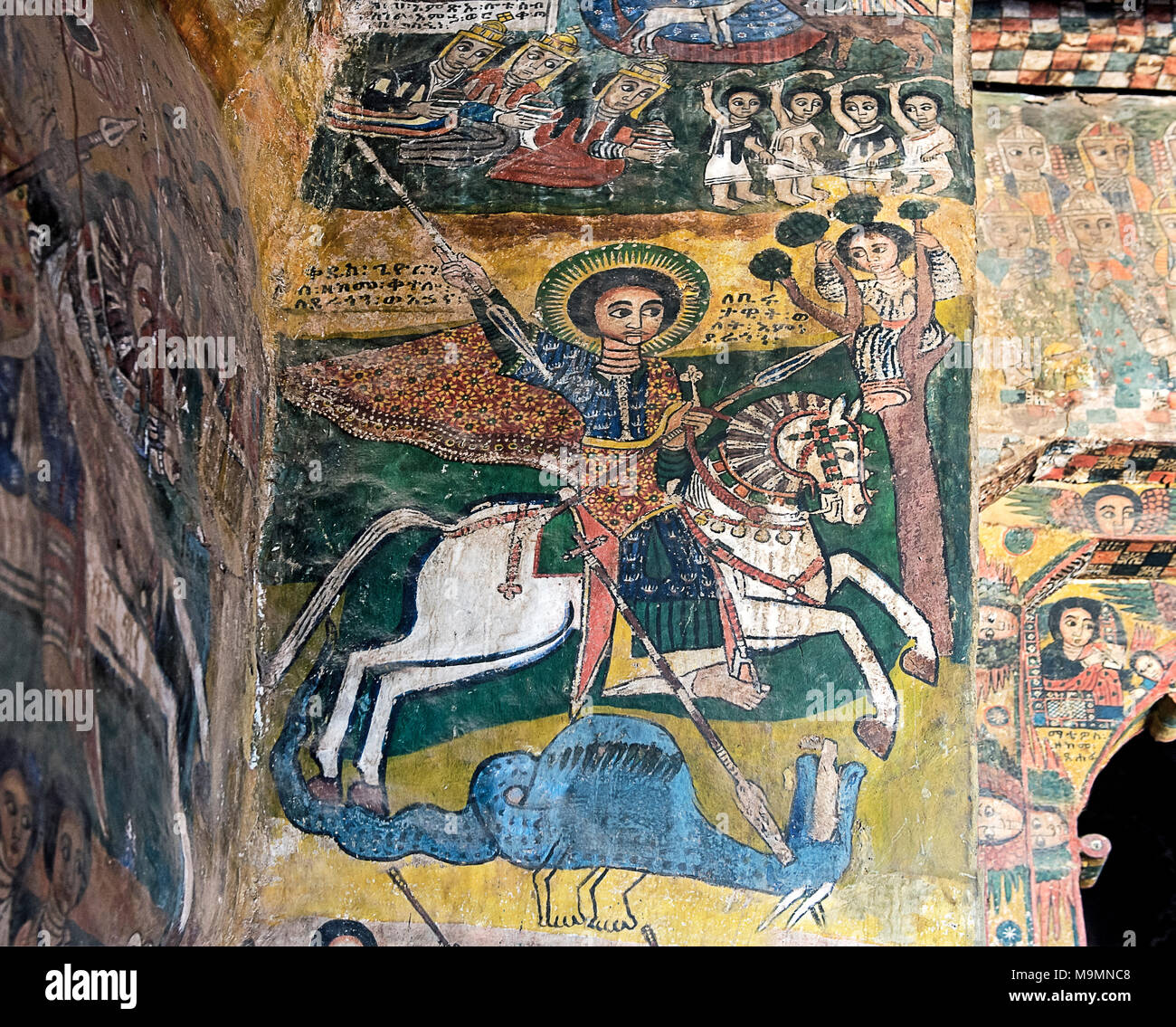 Saint George, stechende, der Drache, Leinwand Gemälde in der orthodoxen Kirche Abreha wa Atsbaha, Gheralta Region, Tigray, Äthiopien Stockfoto