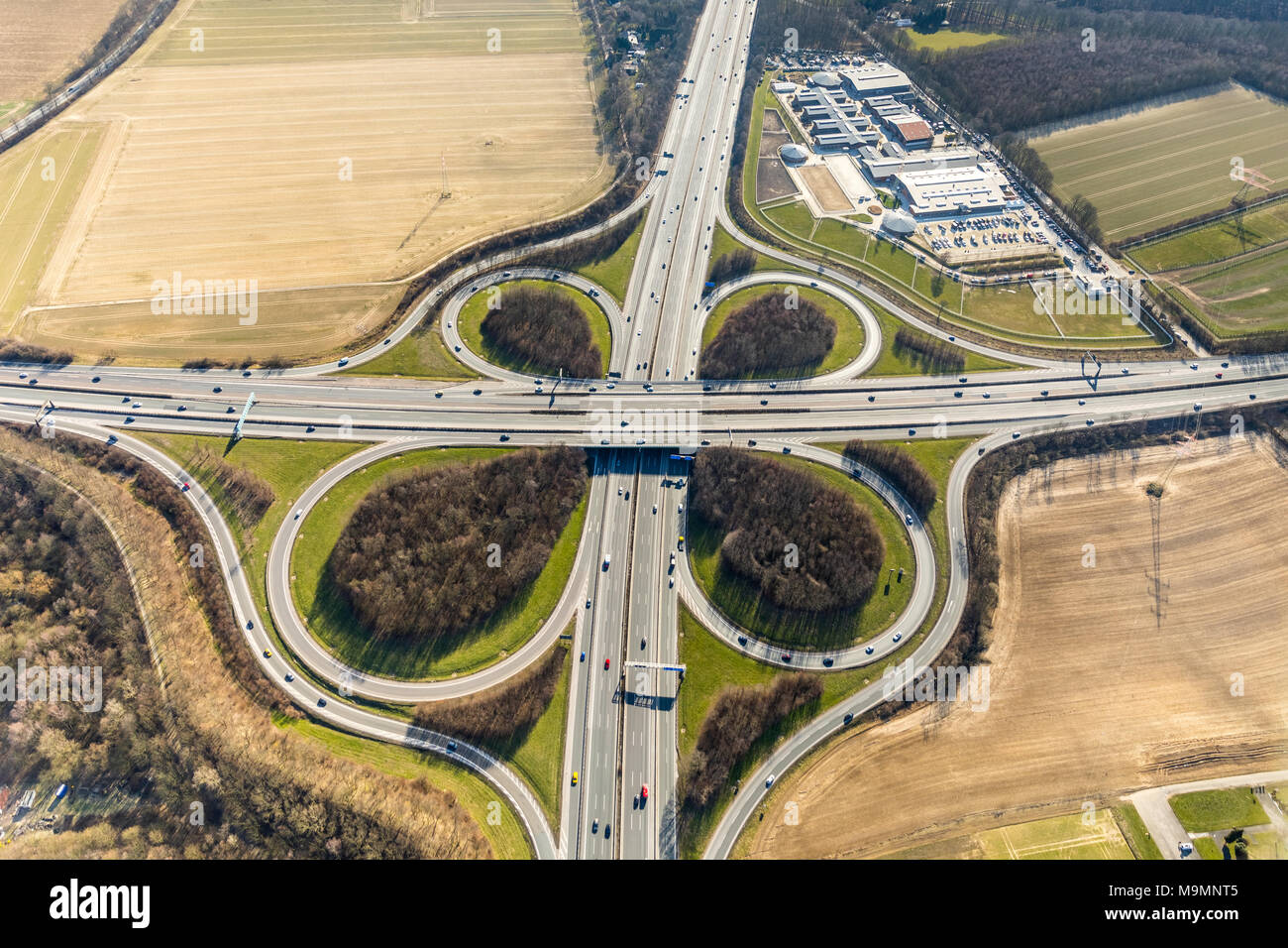 Autobahnkreuz Dortmund-Unna, Autobahn A1 und A44, Unna, Nordrhein-Westfalen, Deutschland Stockfoto