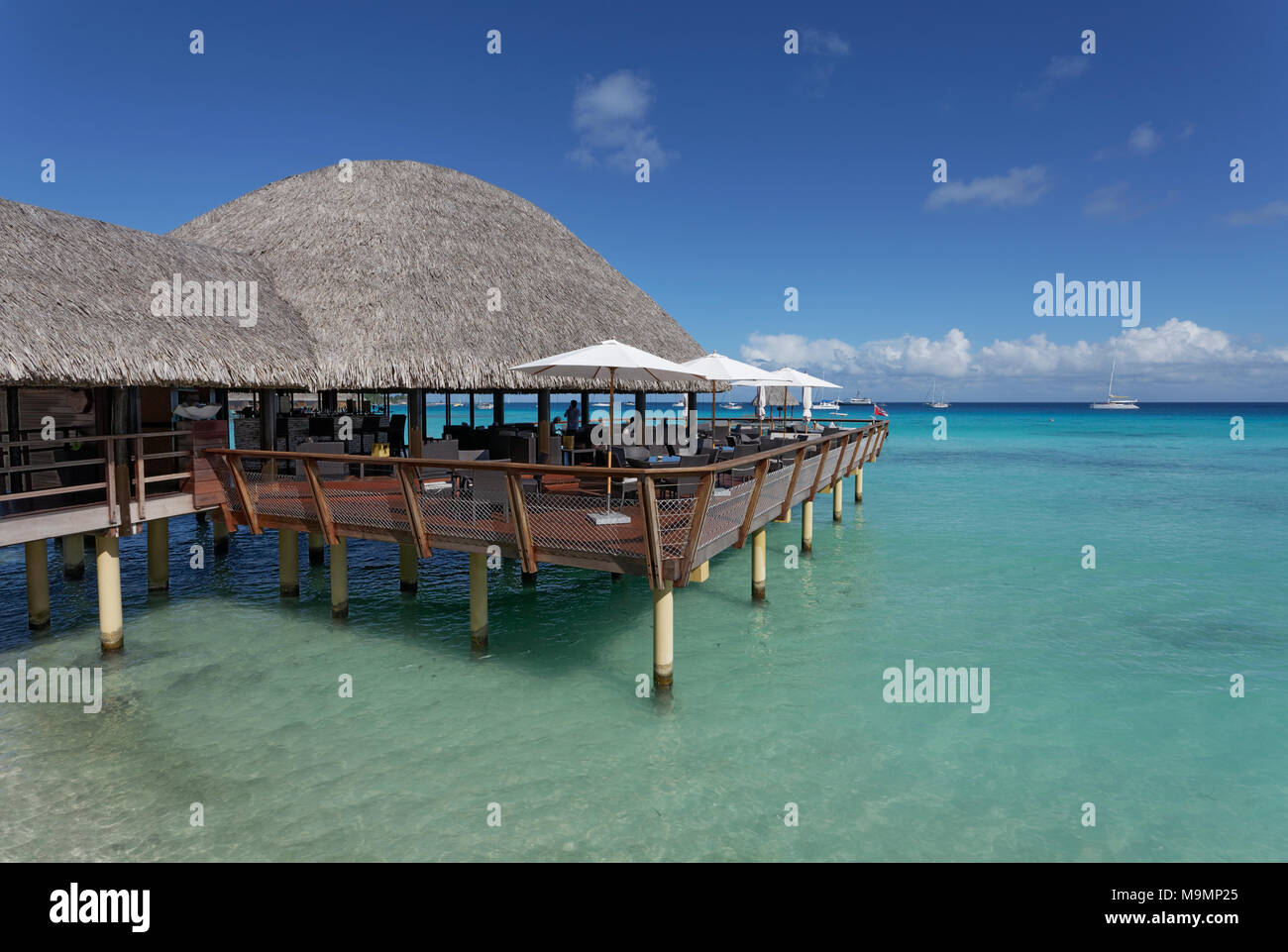 Restaurant auf Stelzen mit Schilf Dach im türkisblauen Meer, Pazifischer Ozean, Hotel KiaOra Resort & Spa, Rangiroa, Gesellschaft Inseln Stockfoto