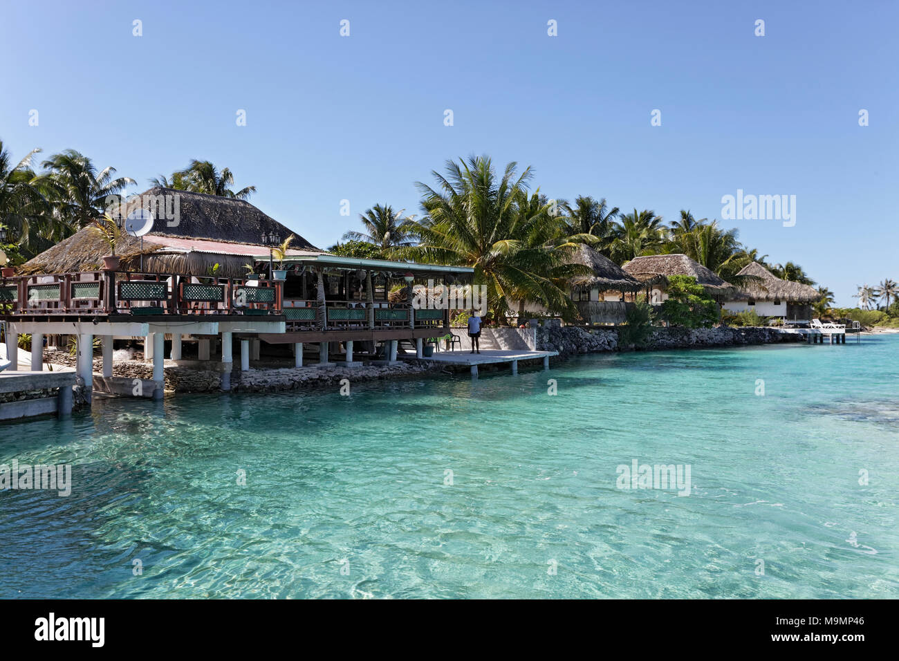 Relais Royal Tikehau Resort, Restaurant am Strand, Pazifischer Ozean, Tikehau Atoll, Gesellschaftsinseln, Inseln über dem Winde Stockfoto