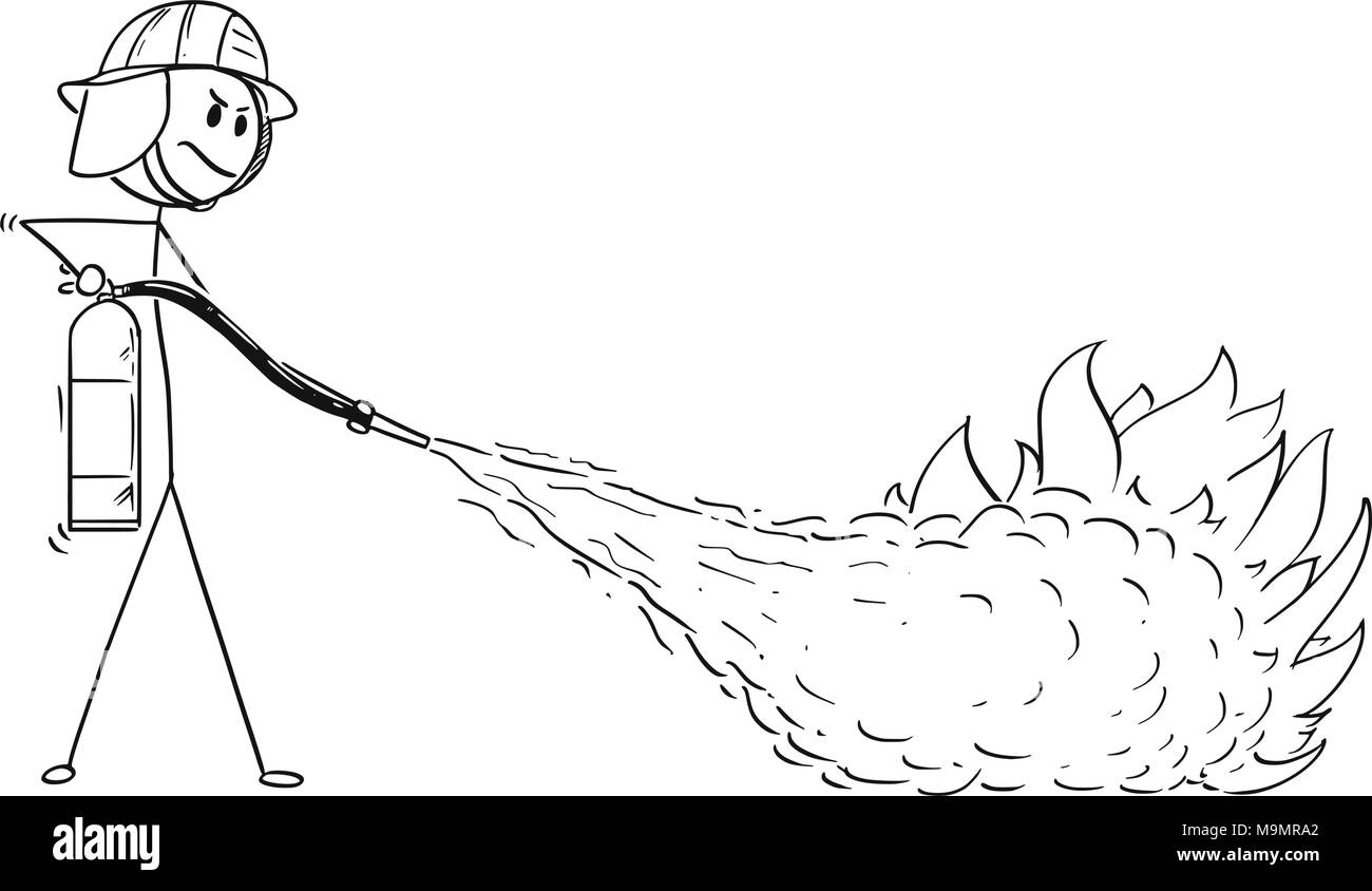 Cartoon von Feuerwehrmann mit Feuerlöscher das Feuer zu bekämpfen Stock Vektor