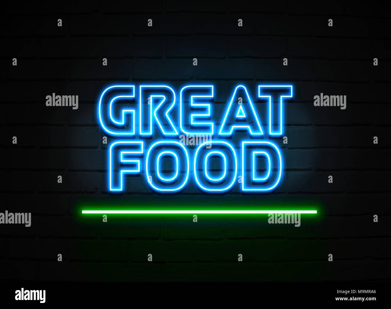 Tolles Essen Leuchtreklame - glühende Leuchtreklame auf brickwall Wand - 3D-Royalty Free Stock Illustration dargestellt. Stockfoto