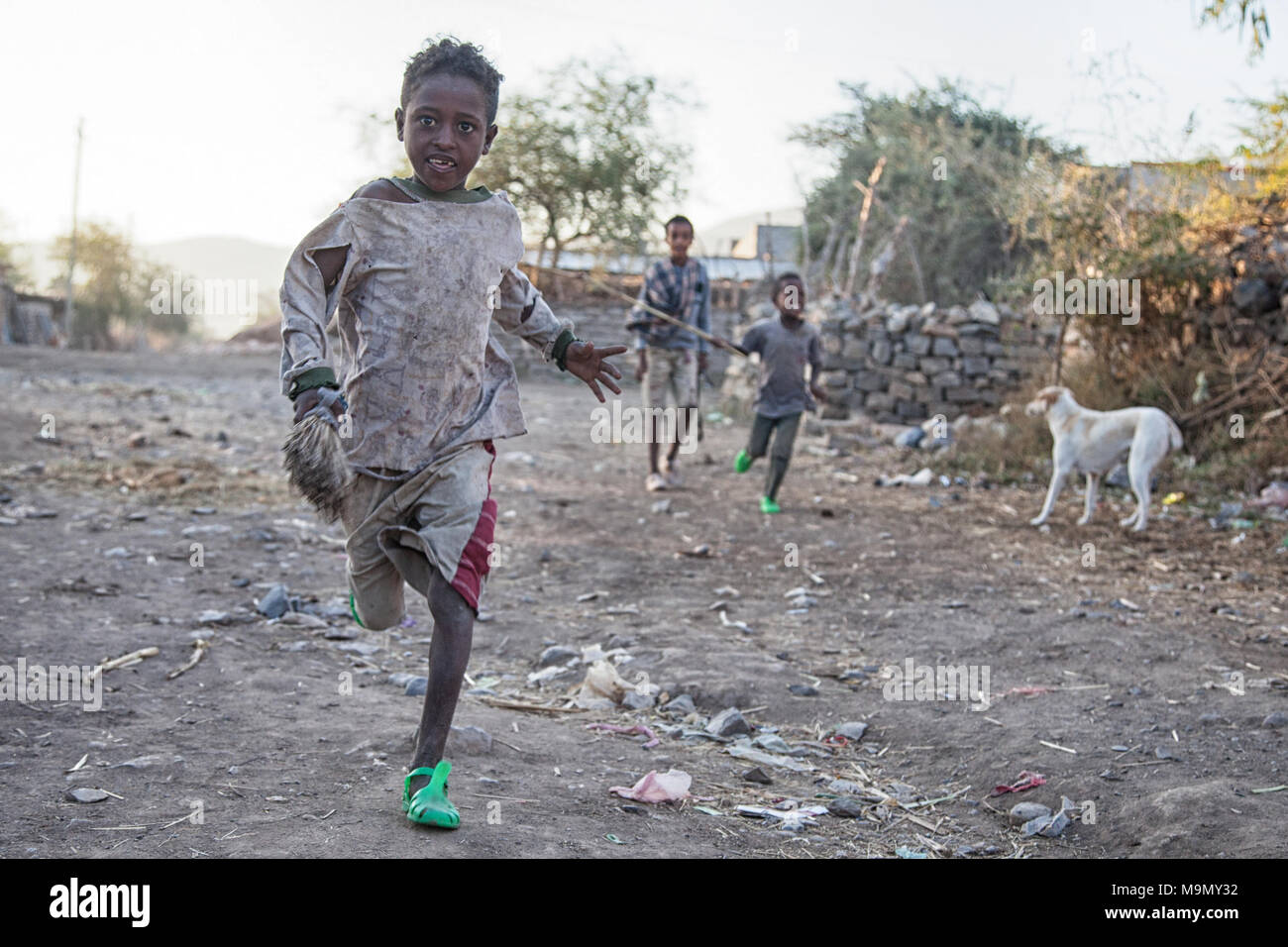 Kinder, die auf der Straße, in der Nähe von Mekele, Tigray Region, Äthiopien Stockfoto