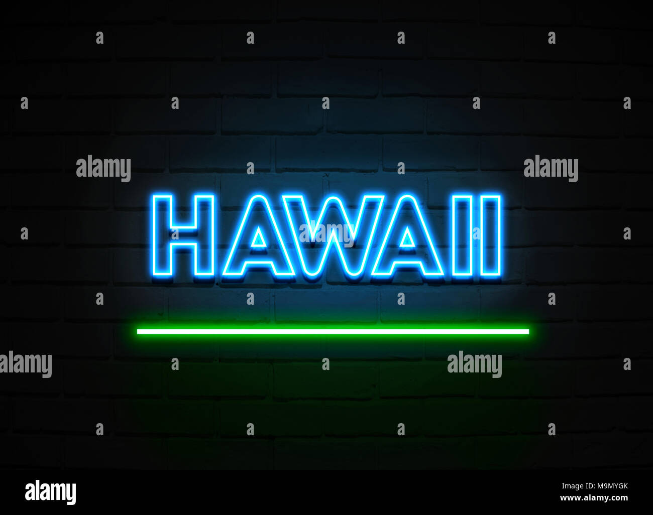 Hawaii Leuchtreklame - glühende Leuchtreklame auf brickwall Wand - 3D-Royalty Free Stock Illustration dargestellt. Stockfoto