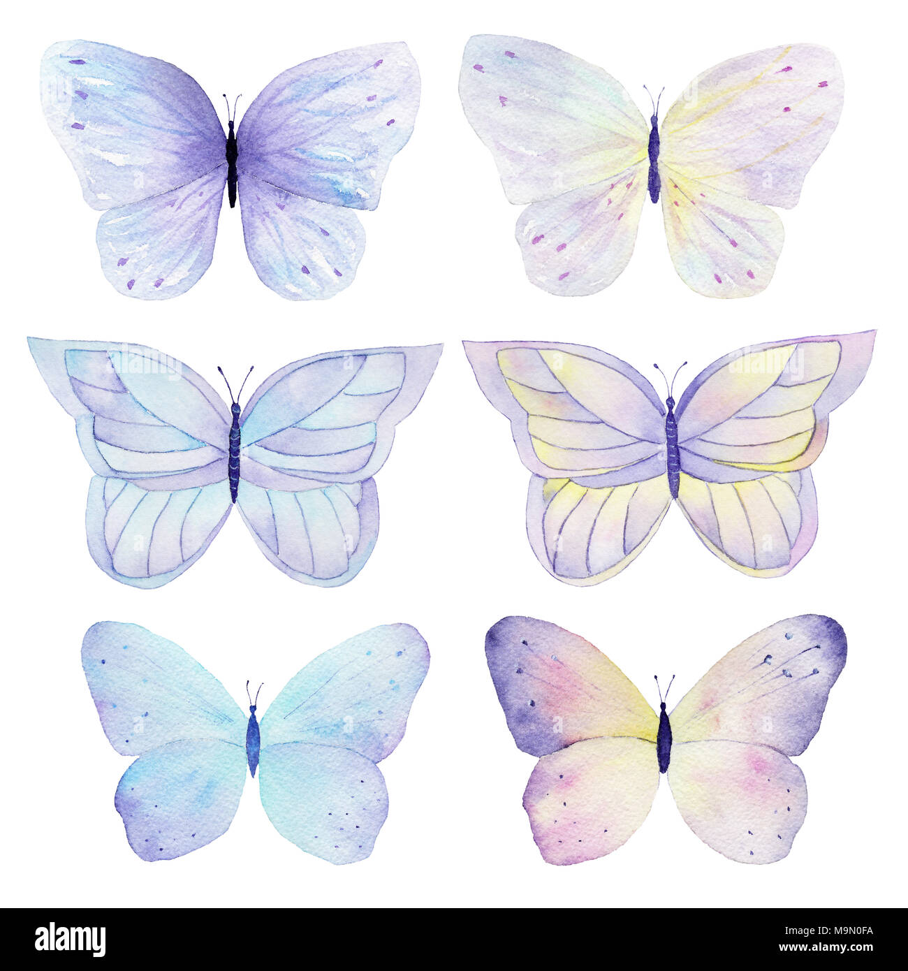 Schmetterling Handgemalten Aquarell Sammlung auf weißem Hintergrund. Für Grußkarten, Hochzeitseinladungen, Logos, Druck auf Stoff. Stockfoto