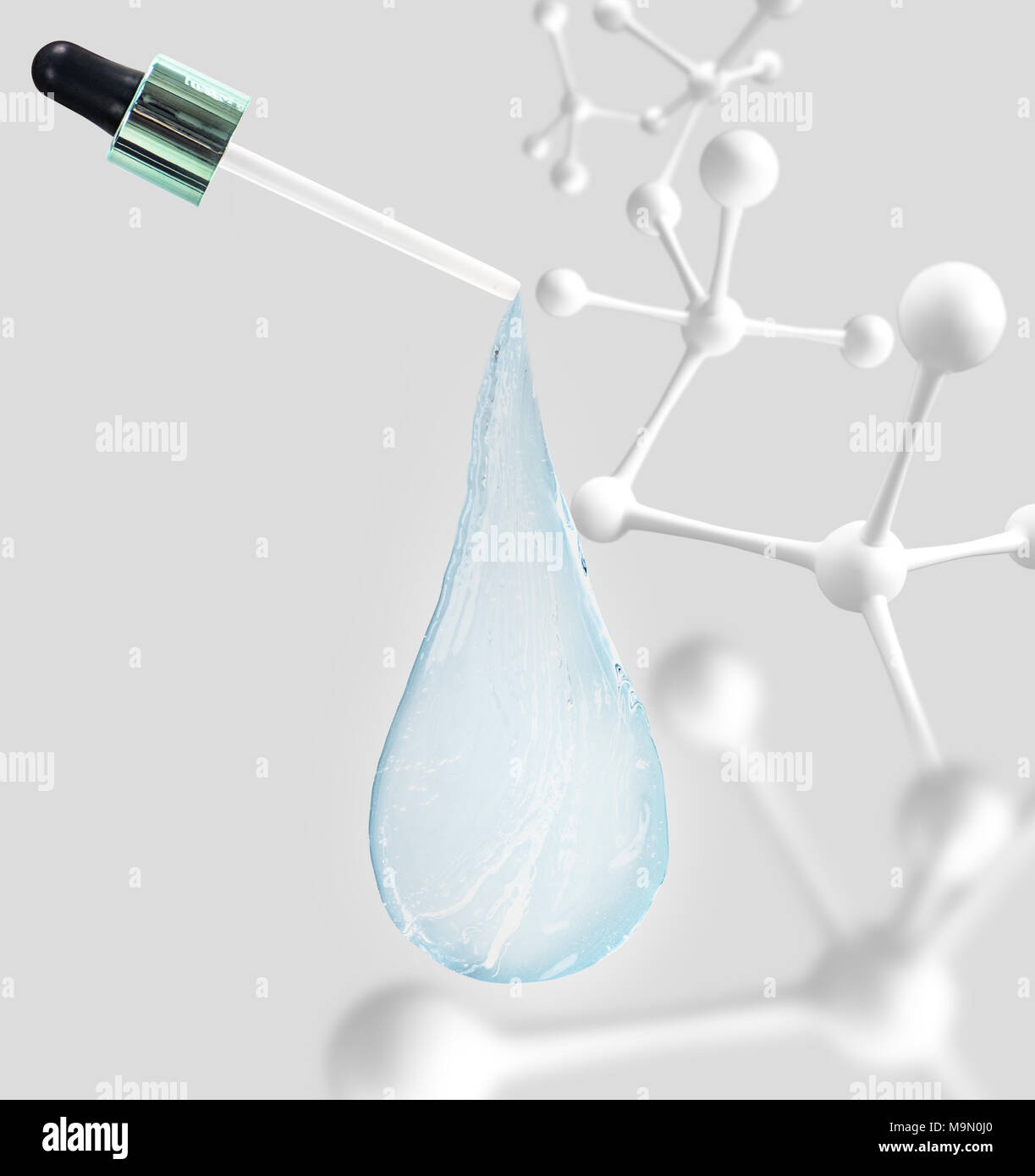 Blue Water Drop mit Moleküle im Inneren. 3D-Rendering. Stockfoto