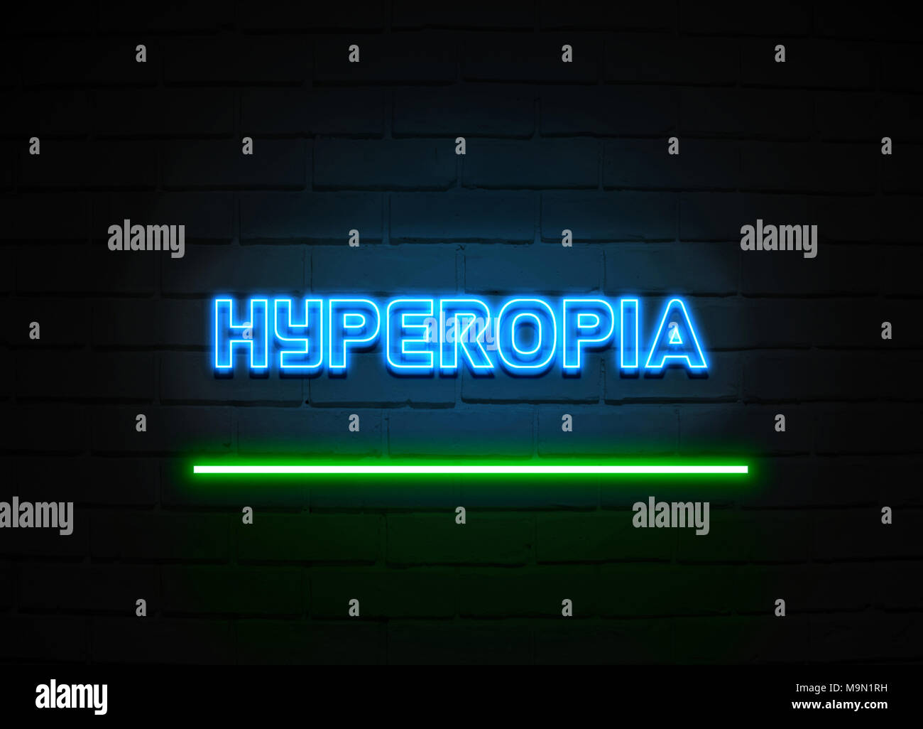 Hyperopie Leuchtreklame - glühende Leuchtreklame auf brickwall Wand - 3D-Royalty Free Stock Illustration dargestellt. Stockfoto