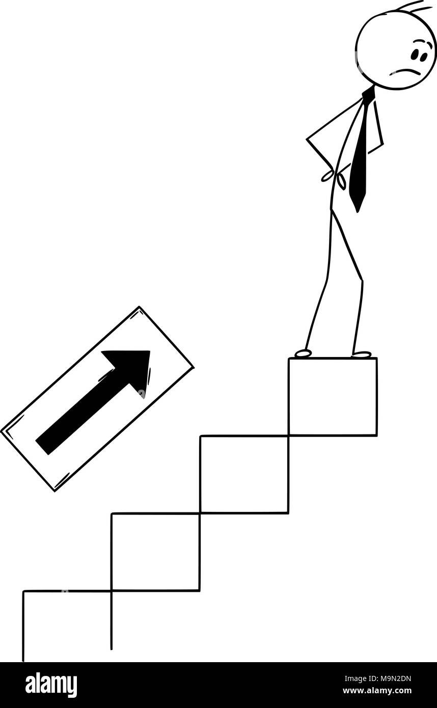 Cartoon von Verwirrt Geschäftsmann auf der Treppe, aber keine Trophäe oder Erfolg Stock Vektor