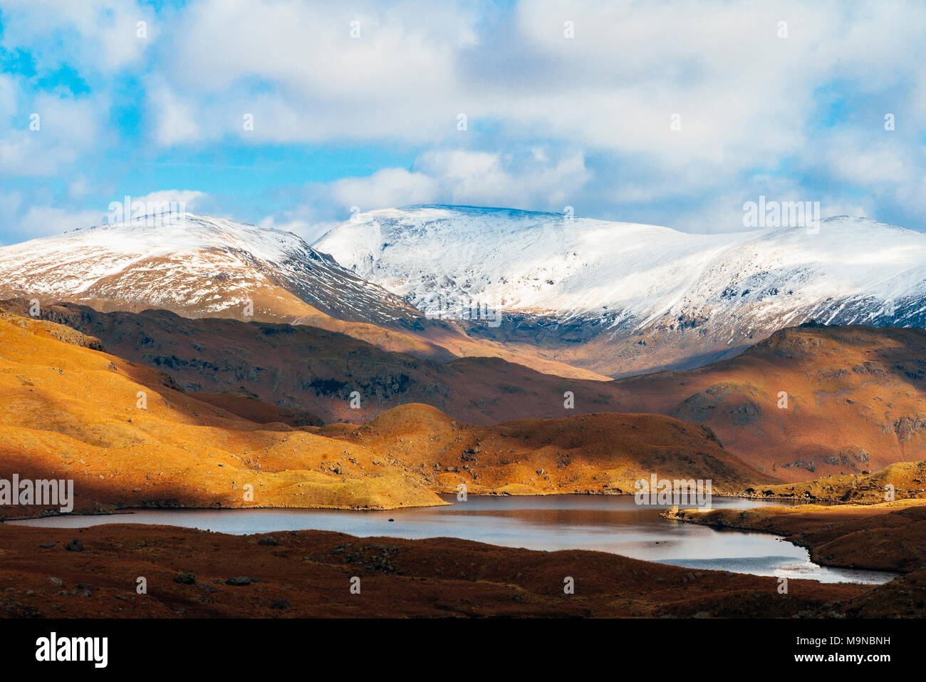 Blick über easedale Tarn im englischen Lake District zu Dollywagon Hecht, Sitz Sandale und Fairfield Stockfoto