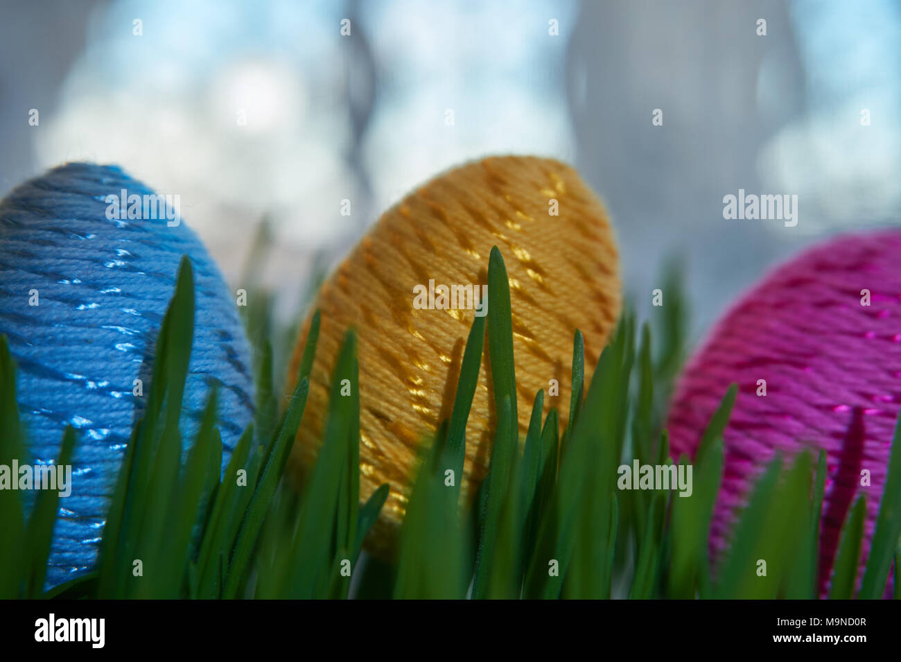 Ostern Handwerk Ideen. Die Ostereier mit bunten Papier eingerichtet, zwischen frech grün Weizenkeime platziert. Stockfoto