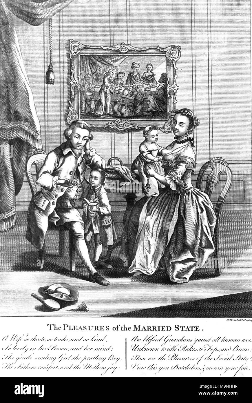 Die FREUDEN DER EHE Gravur ungefähr 1780 zeigt eine glückliche georgischen Familie Szene. Auf dem Boden sind die Schläger und Ball für ein Spiel von federball zusammen mit einem Outdoor Hut. Stockfoto