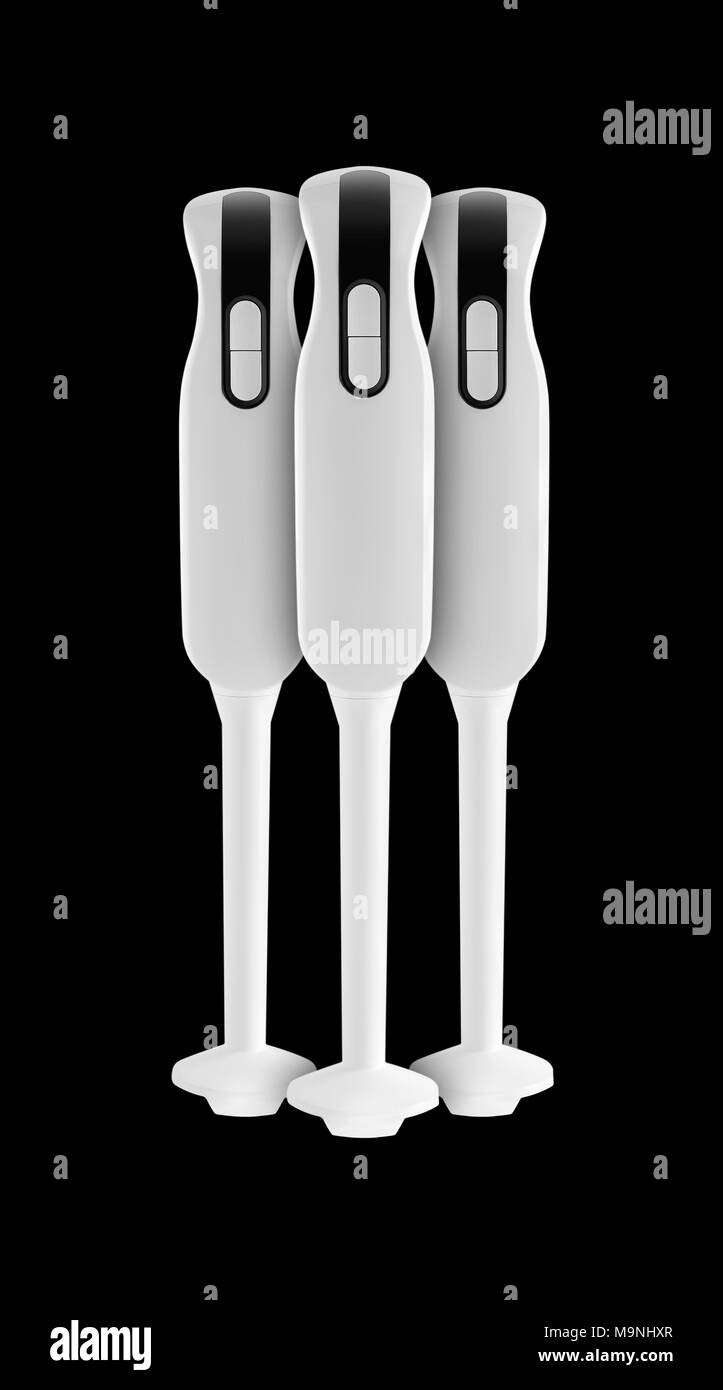Home Appliance - Drei Elektrische Küche immersion blenderon einen schwarzen Hintergrund. Es isoliert ist, den Arbeitnehmer über Pfade vorhanden ist. Stockfoto