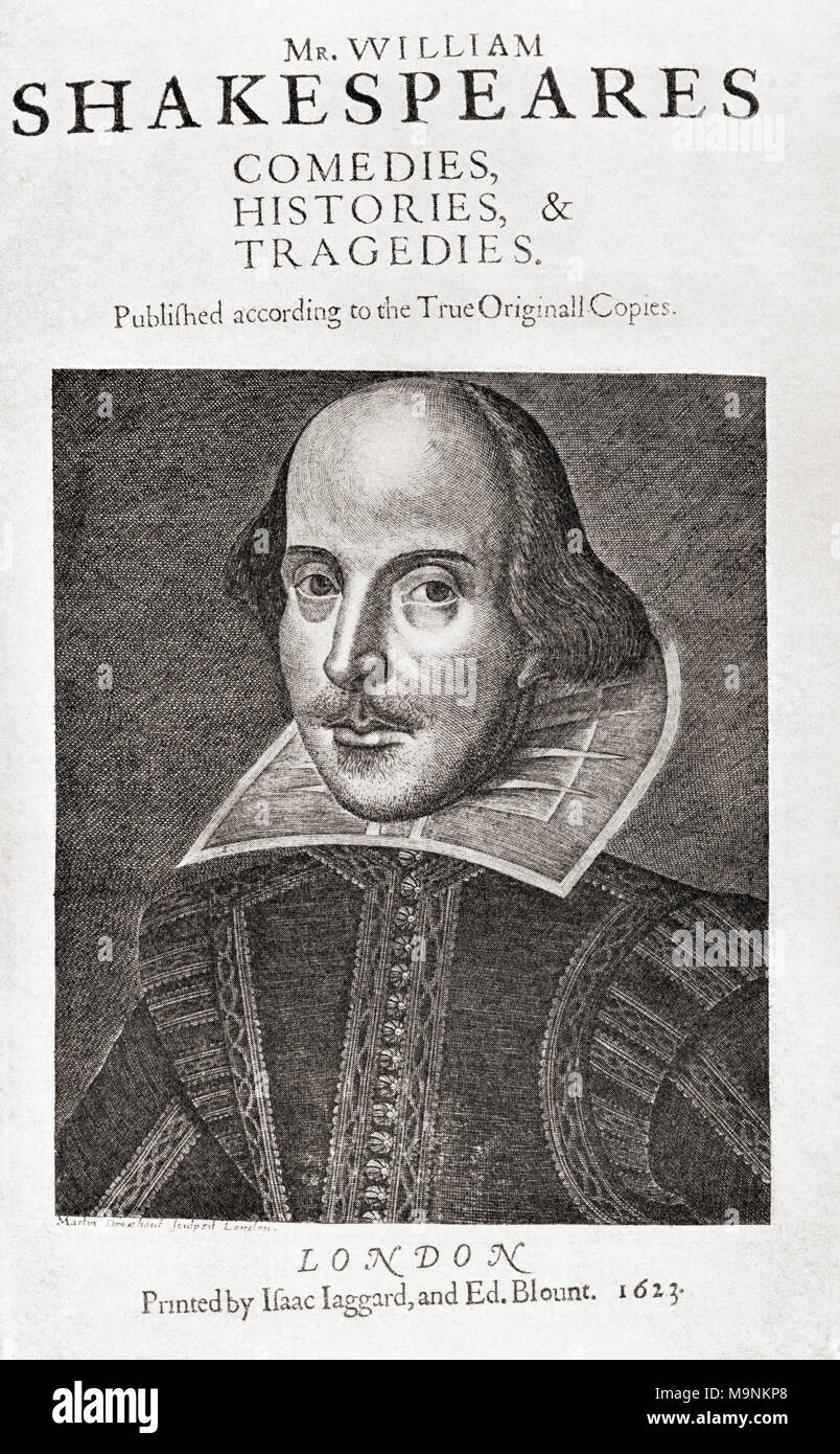 Nach einem Faksimile der Titel - Seite des ersten folio Ausgabe von Shakespeares Werken. William Shakespeare, (1564 - 1616) getauft. Englischer Dichter, Dramatiker und Schauspieler. Aus einem Leben von William Shakespeare, veröffentlicht 1908. Stockfoto