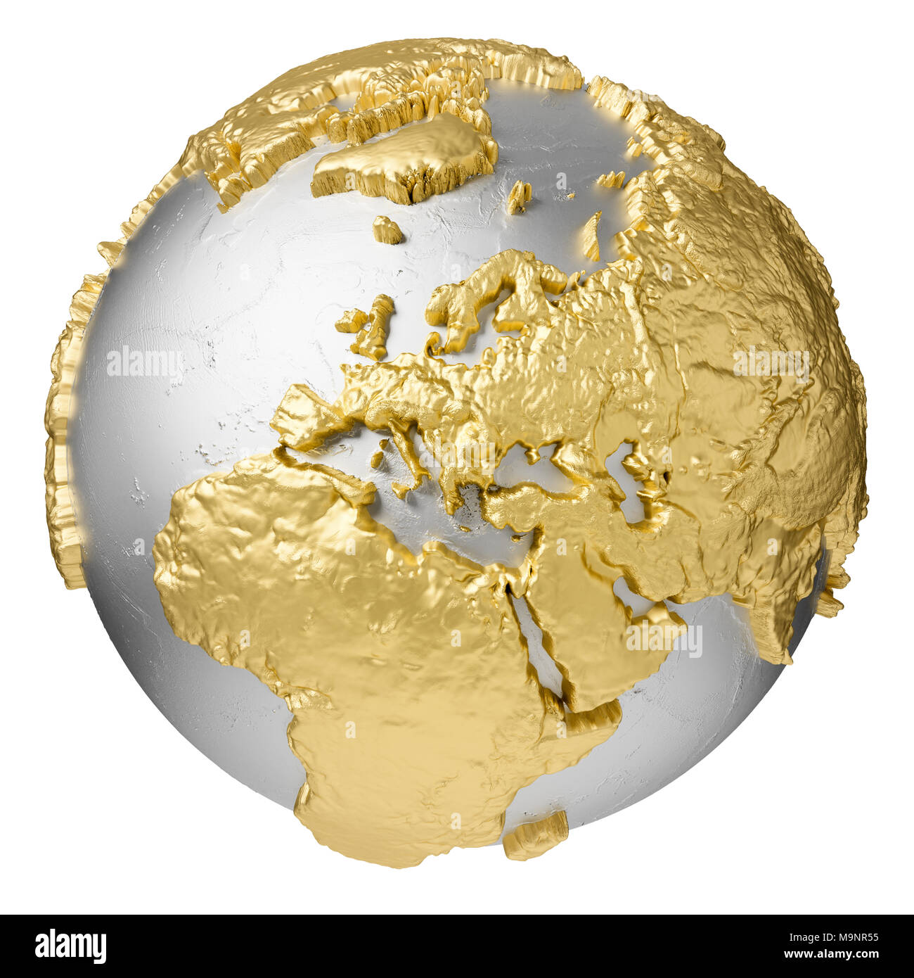 Gold, Silber Kugel ohne Wasser. Europa. 3D-Rendering auf weißem Hintergrund. Elemente dieses Bild von der NASA eingerichtet Stockfoto