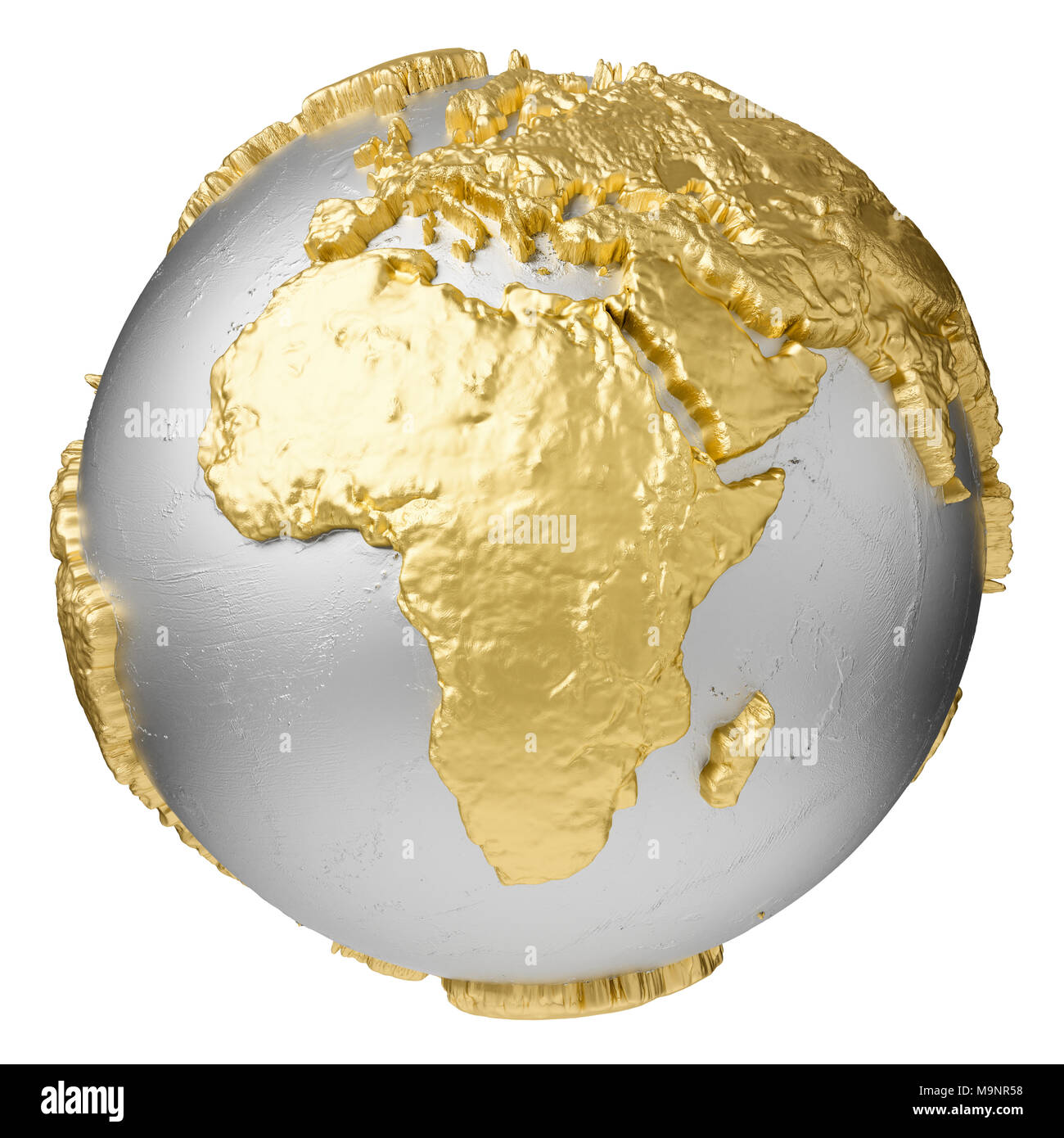 Gold, Silber Kugel ohne Wasser. Afrika. 3D-Rendering auf weißem Hintergrund. Elemente dieses Bild von der NASA eingerichtet Stockfoto