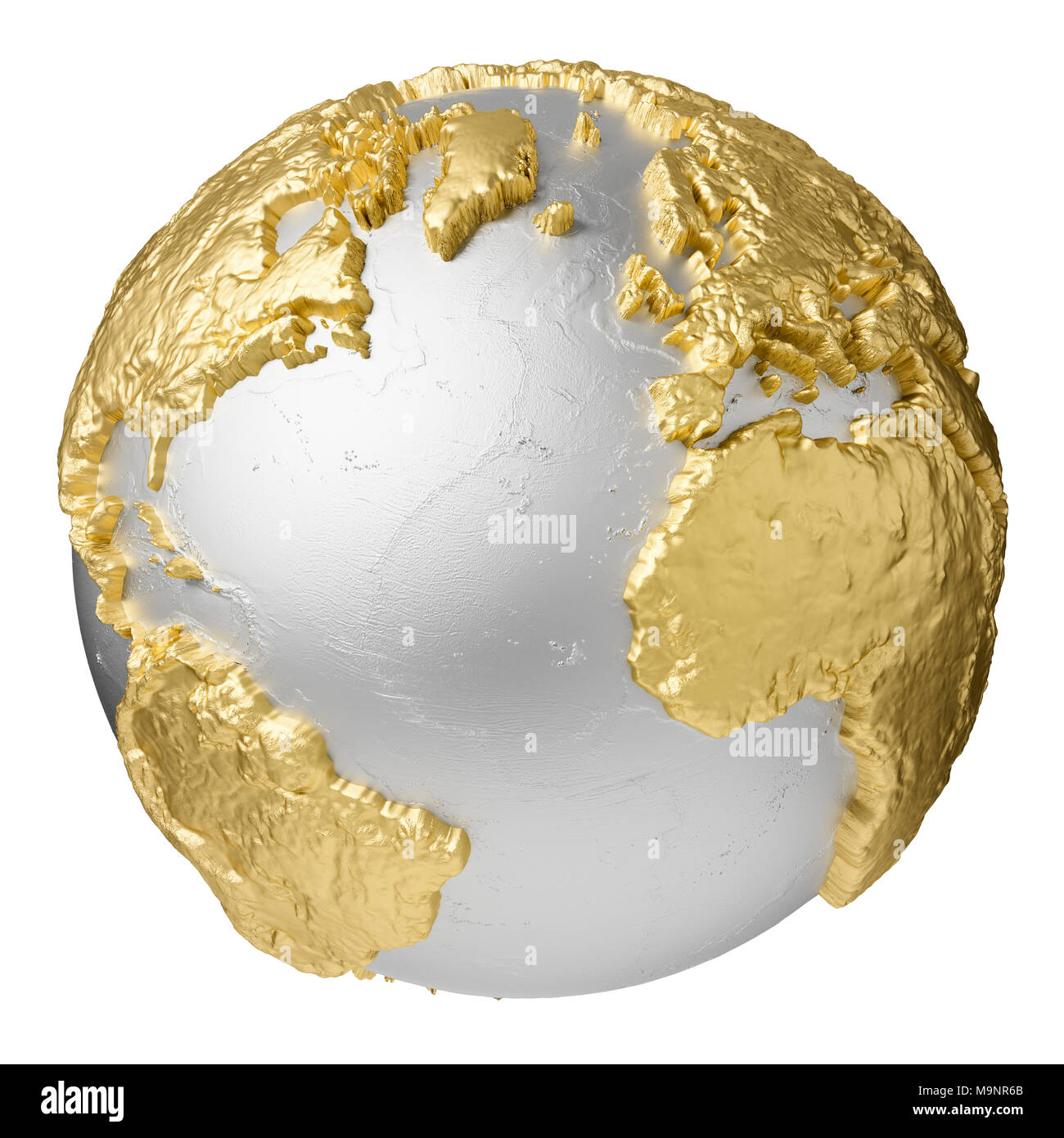 Gold, Silber Kugel ohne Wasser. Atlantischer Ozean, Europa, Afrika, Nord- und Südamerika. 3D-Rendering auf weißem Hintergrund. Elemente dieser Stockfoto