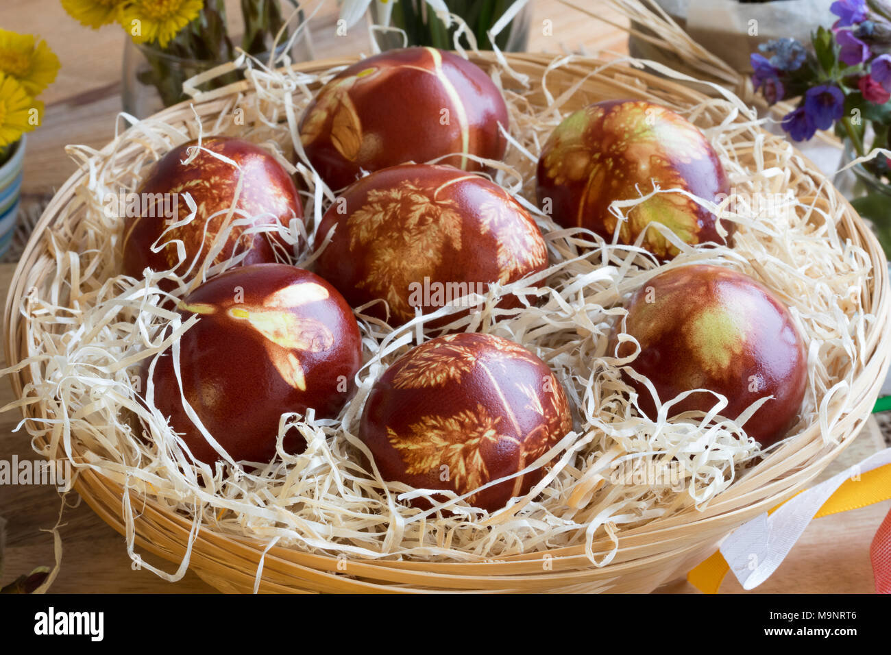 Ostern Eier mit Zwiebeln schält gefärbt, mit einem Muster von frischen ...