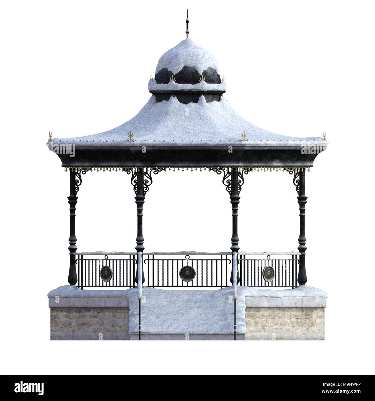 Schnee bedeckten Pergola auf Weiß, 3D-Render isoliert. Stockfoto