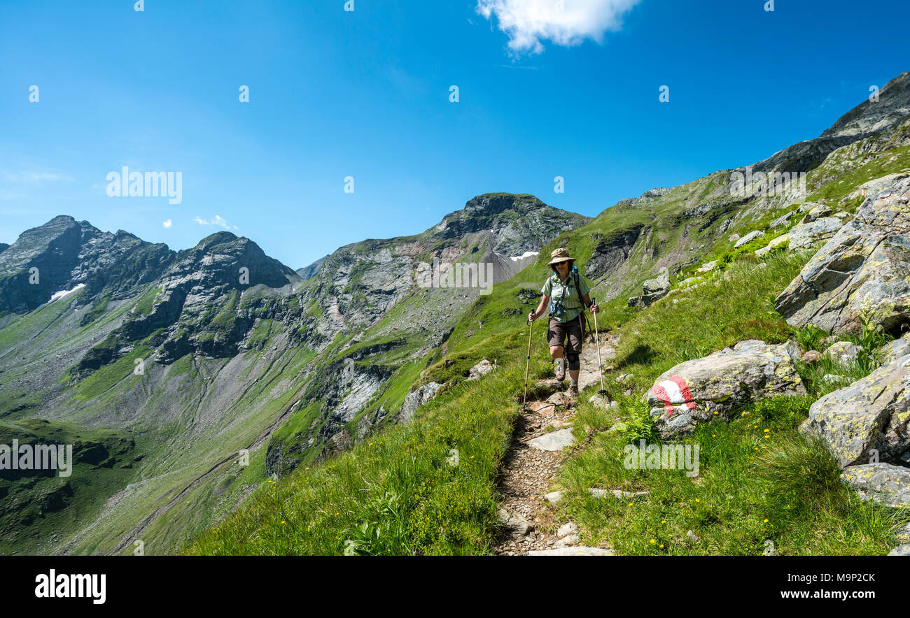 Wanderer auf dem Abstieg vom Vetternscharte zur Keinprechthütte, Schladminger Höhenweg, Schladminger Tauern, Schladming Stockfoto