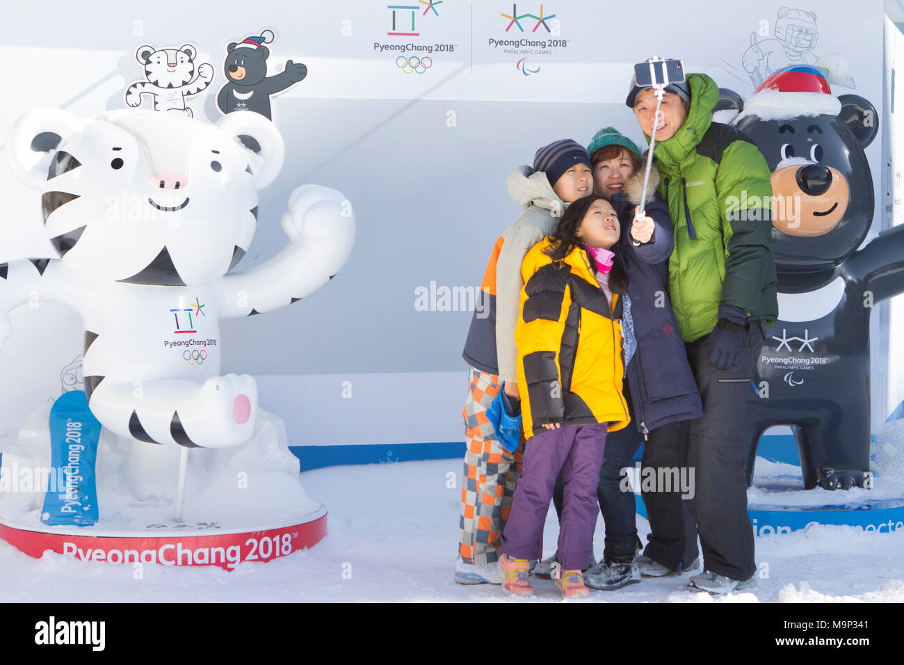 Eine Familie ist eine Gruppe selfie in Alpensia Resort, mit den beiden Maskottchen (Soohorang und Bandabi) der olympischen Winterspiele und Paralympics 2018. Die alpensia Resort ist ein Skigebiet und eine touristische Attraktion. Es ist auf dem Gebiet der Gemeinde von daegwallyeong-myeon befindet sich in der Grafschaft von Pyeongchang, die Olympischen Winterspiele hosting im Februar 2018. Das Skigebiet ist ca. 2,5 Stunden von Seoul oder Incheon Airport mit dem Auto, überwiegend alle Autobahn. Alpensia hat sechs Pisten für Ski und Snowboard, mit bis zu 1,4 km (0.87 mi) lang, für Anfänger und Fortgeschrittene, und ein Stockfoto