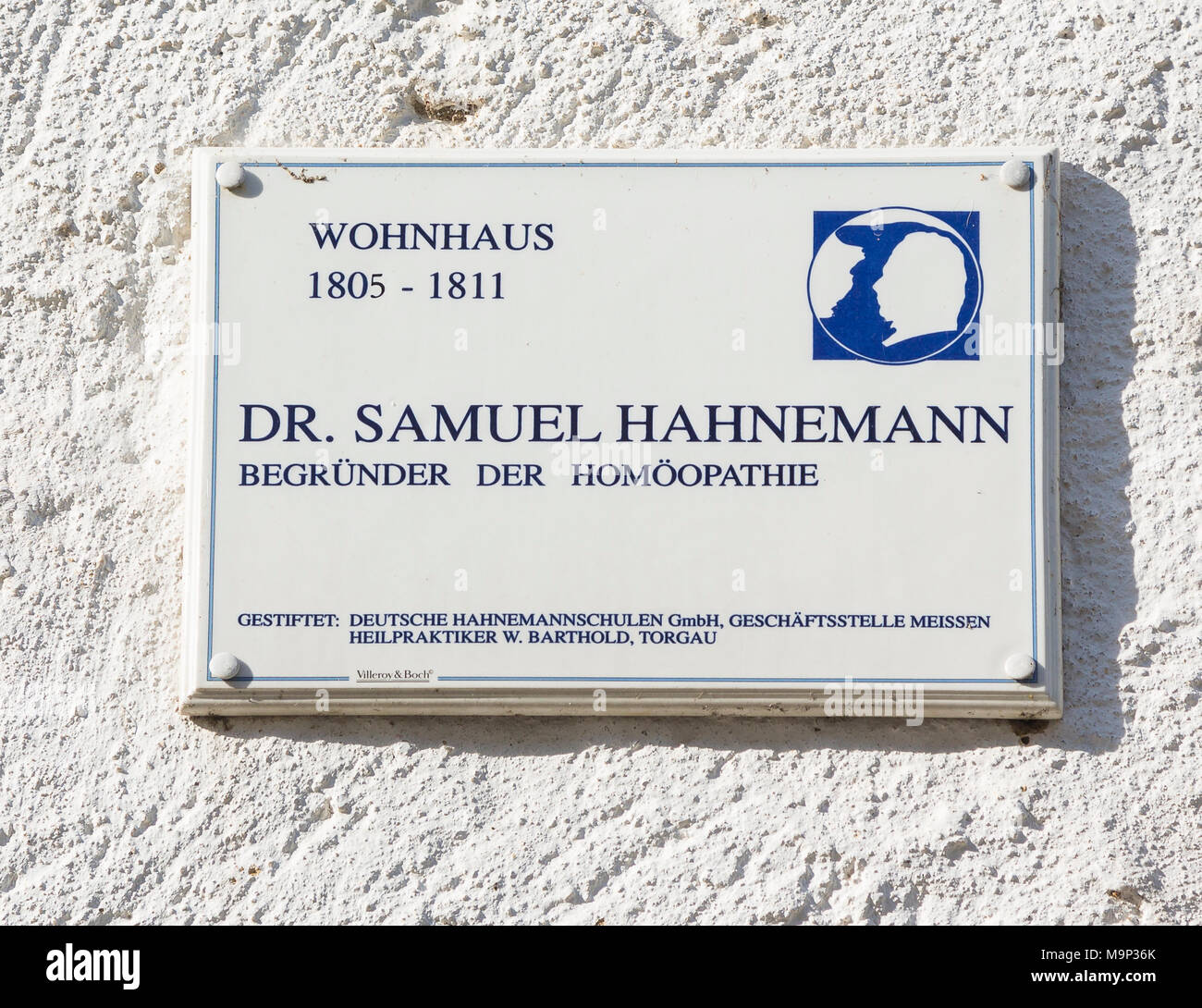 Informationen Panel am Wohnhaus von Dr. Samuel Hahnemann, Torgau, Sachsen, Deutschland Stockfoto