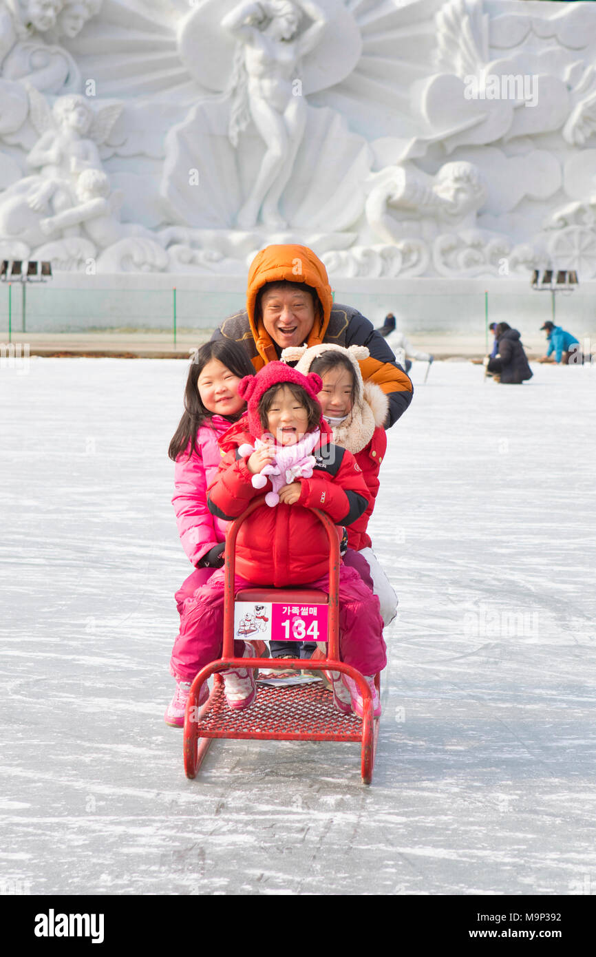 Eine asiatische Familie, die auf eine besondere Gruppe Schlitten an der Hwacheon Sancheoneo Ice Festival. Die Hwacheon Sancheoneo Ice Festival ist eine Tradition für die Menschen in Korea. Jedes Jahr im Januar Menschenmassen versammeln sich auf dem zugefrorenen Fluss der Kälte und dem Schnee des Winters zu feiern. Hauptattraktion ist Eisfischen. Jung und Alt warten geduldig auf ein kleines Loch im Eis für eine Forelle zu beißen. In zelten Sie können den Fisch vom Grill, nach dem sie gegessen werden. Unter anderem sind Rodeln und Eislaufen. Die in der Nähe Pyeongchang Region wird Gastgeber der Olympischen Winterspiele im Februar 2018. Stockfoto