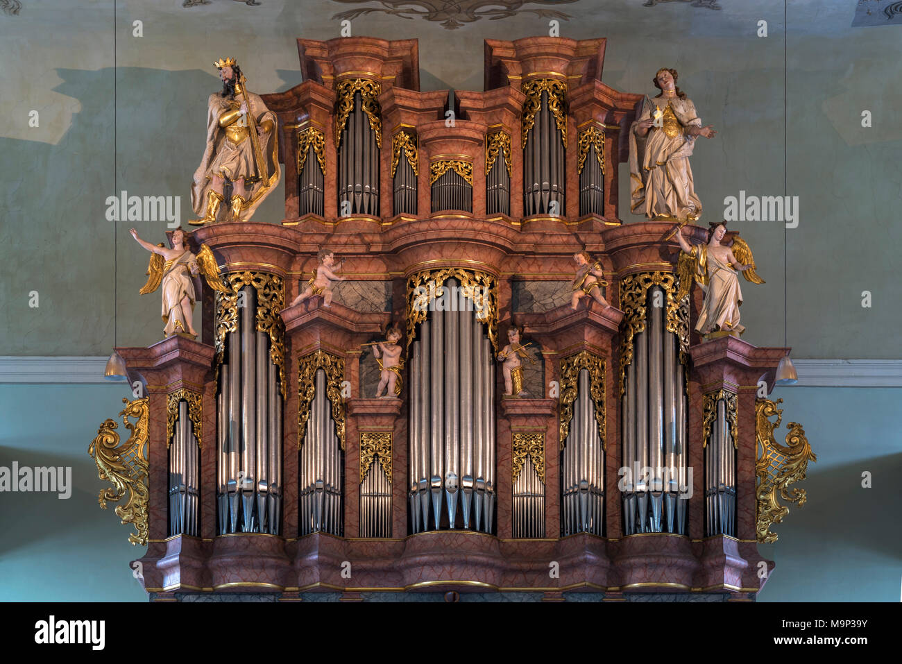 Orgel mit barocken Orgelgehäuse von 1740, Neustädter Kirche, barocke Kirche, Erlangen, Mittelfranken, Bayern, Deutschland Stockfoto