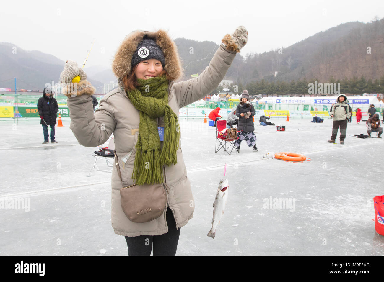 Eine Frau zeigt gerne einen Fisch, die Sie während des Eis angeln Festival an Hwacheon Sancheoneo gefangen in der Gangwon-do-Region von Südkorea. Die Hwacheon Sancheoneo Ice Festival ist eine Tradition für die Menschen in Korea. Jedes Jahr im Januar Menschenmassen versammeln sich auf dem zugefrorenen Fluss der Kälte und dem Schnee des Winters zu feiern. Hauptattraktion ist Eisfischen. Jung und Alt warten geduldig auf ein kleines Loch im Eis für eine Forelle zu beißen. In zelten Sie können den Fisch vom Grill, nach dem sie gegessen werden. Unter anderem sind Rodeln und Eislaufen. Die in der Nähe Pyeongchang Region wird Gastgeber der Olympischen Winterspiele Stockfoto