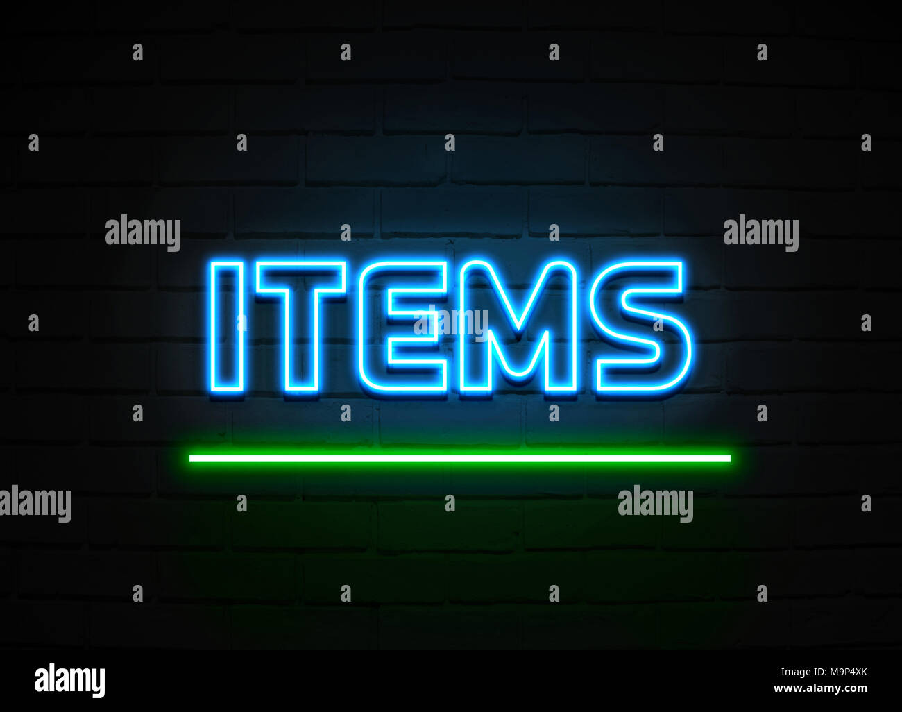 Produkte Neon Sign - glühende Leuchtreklame auf brickwall Wand - 3D-Royalty Free Stock Illustration dargestellt. Stockfoto