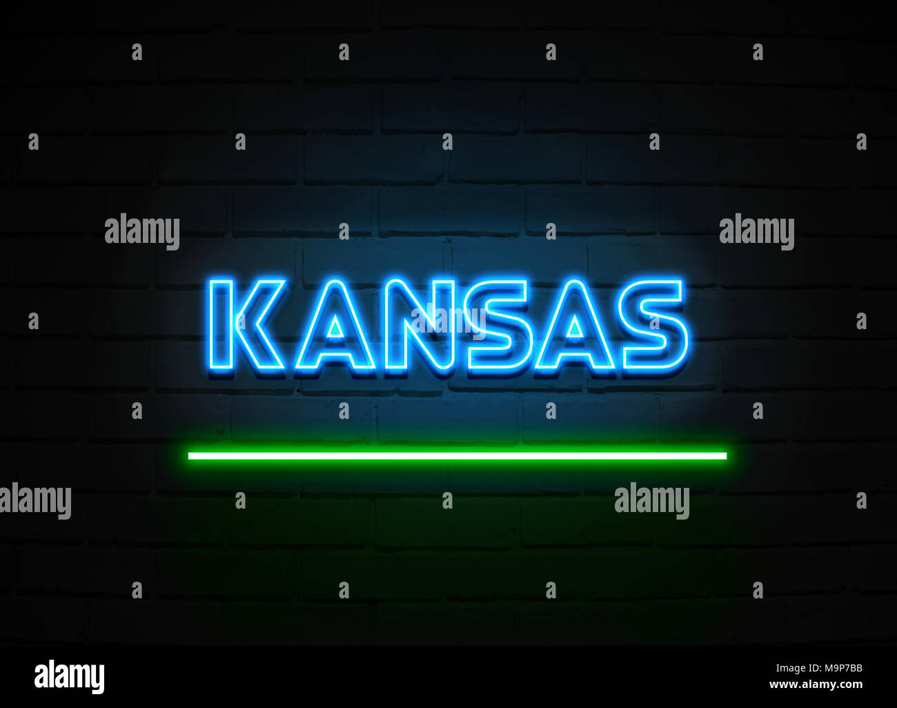 Kansas Leuchtreklame - glühende Leuchtreklame auf brickwall Wand - 3D-Royalty Free Stock Illustration dargestellt. Stockfoto