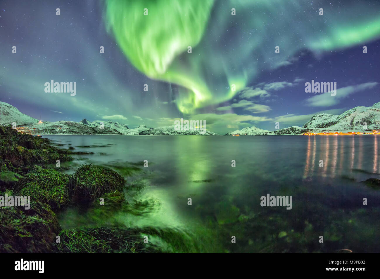 Northern Lights an einem Fjord in Tromsø, Norwegen Stockfoto