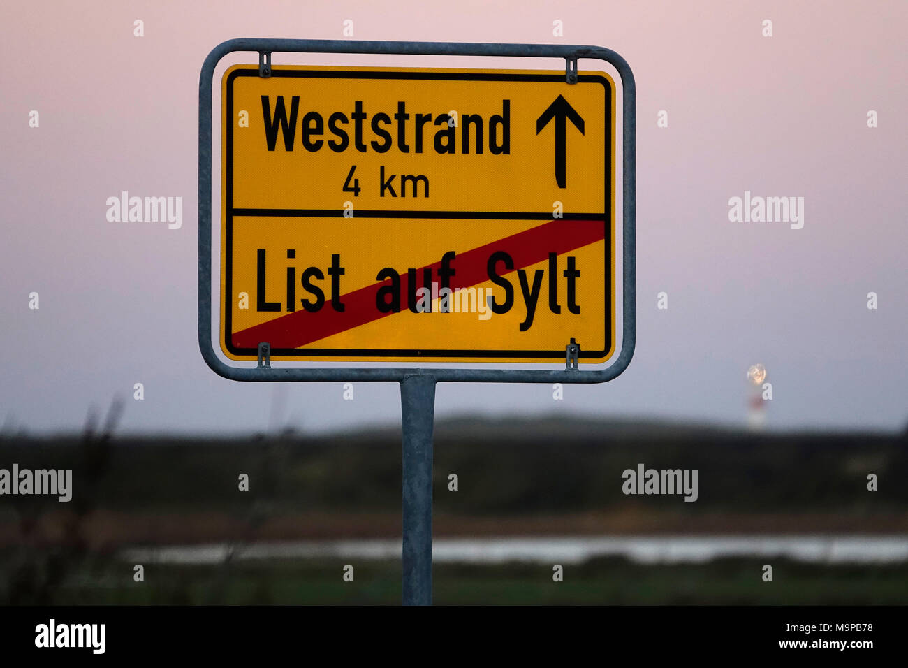 Ortsschild Weststrand, List auf Sylt, Sylt, Nordfriesische Inseln, Schleswig-Holstein, Deutschland Stockfoto