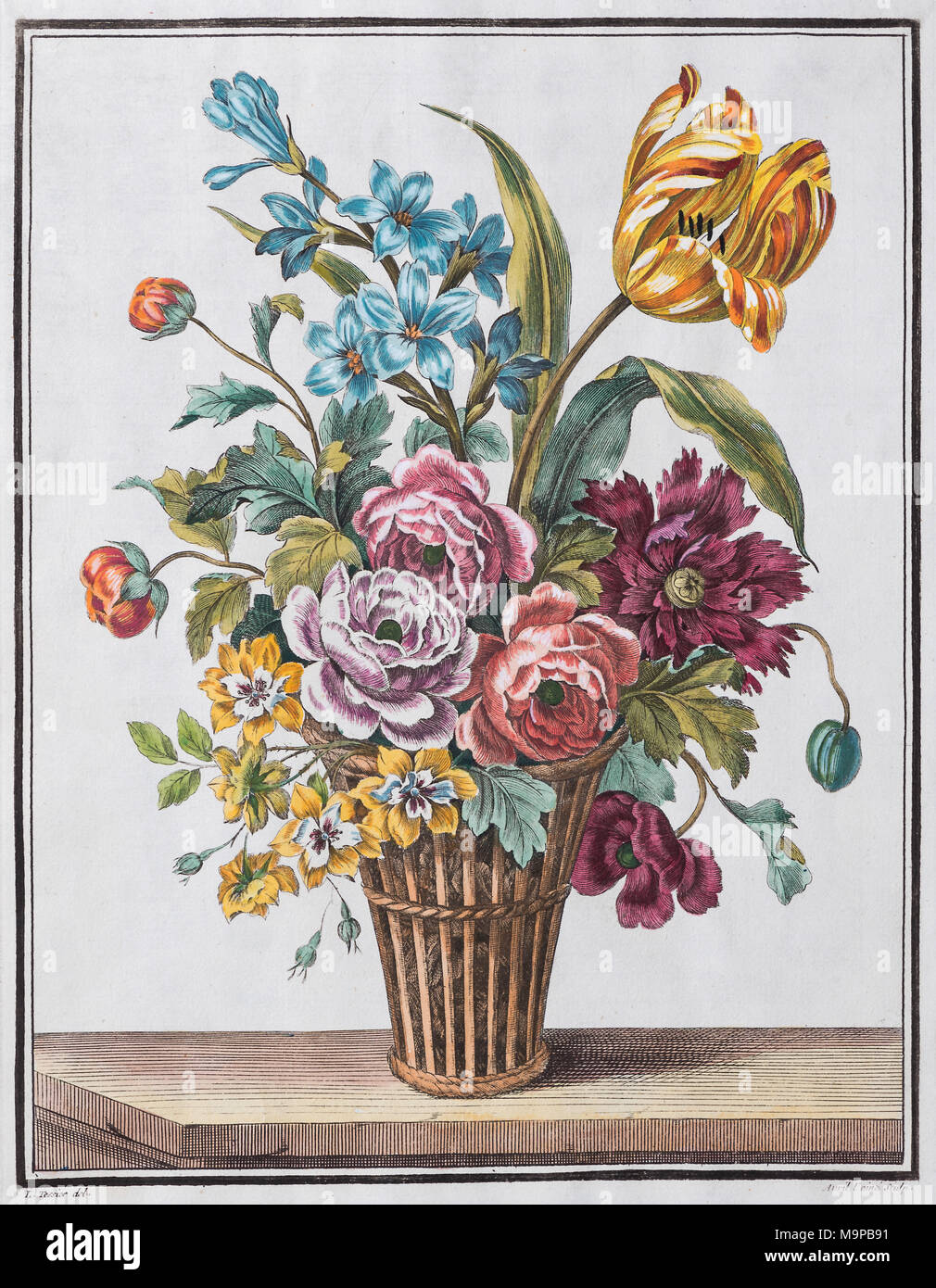 Die Zustellung der Blumen in Weidenkorb, handcolorierte Kupferstich von Jean Jacques der Ältere nach Louis Tessier, 1790 Stockfoto