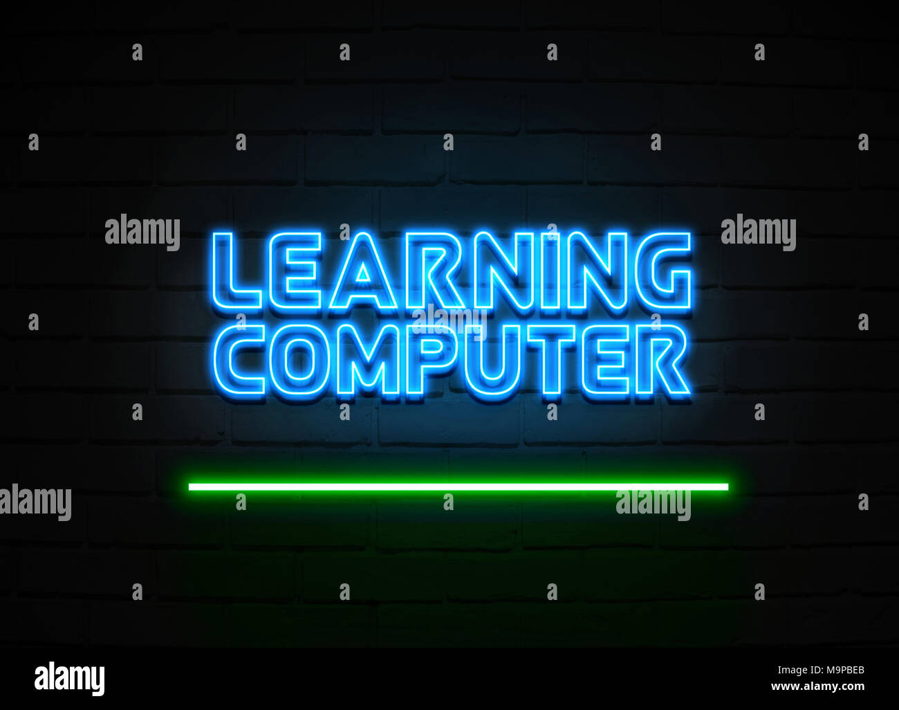 Lernen Computer Leuchtreklame - glühende Leuchtreklame auf brickwall Wand - 3D-Royalty Free Stock Illustration dargestellt. Stockfoto